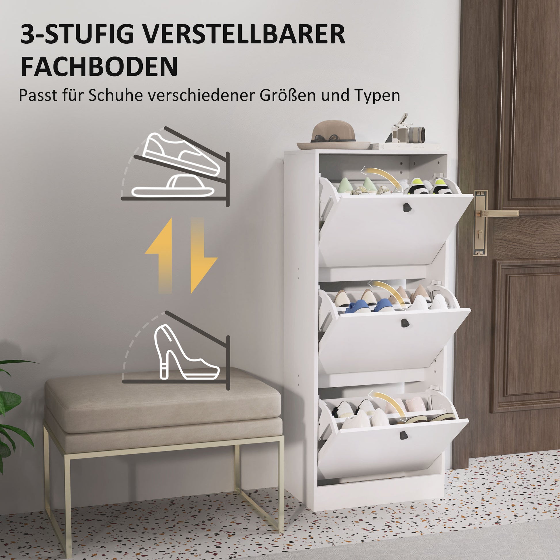 Shoe Cabinet with 3 Flaps, Shoe Rack with Adjustable Divider, Slim Shoe Cupboard for 12 Pairs of Shoes 47 x 28 x 115 cm, White