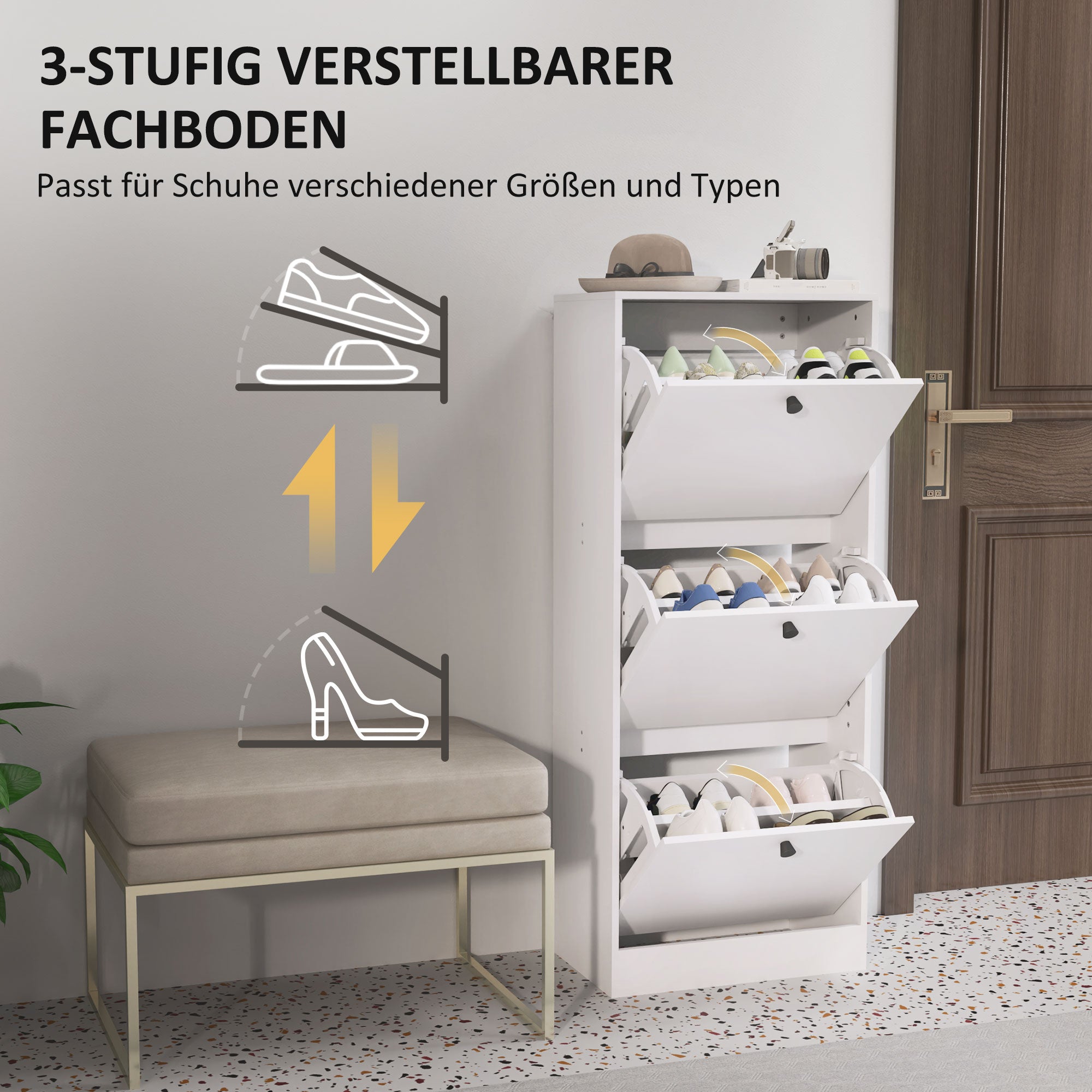 Shoe Cabinet with 3 Flaps, Shoe Rack with Adjustable Divider, Slim Shoe Cupboard for 12 Pairs of Shoes 47 x 28 x 115 cm, White