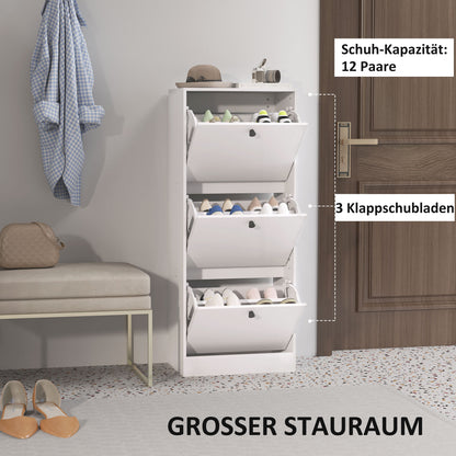 Shoe Cabinet with 3 Flaps, Shoe Rack with Adjustable Divider, Slim Shoe Cupboard for 12 Pairs of Shoes 47 x 28 x 115 cm, White
