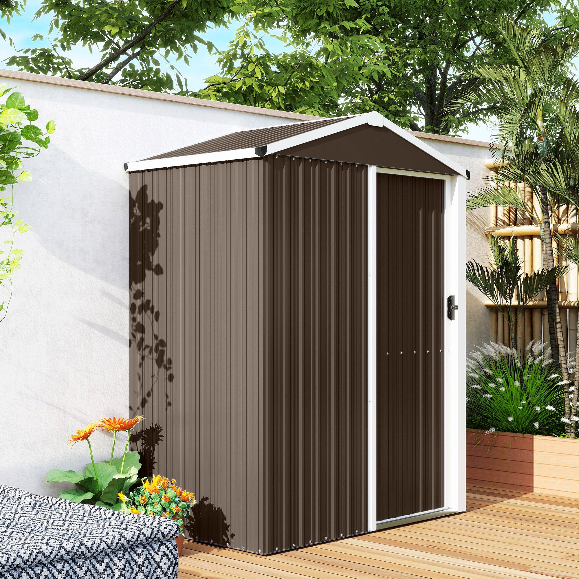 Metal Garden Shed — 1.18 m² (136 × 87 × 179 cm) Sliding Door, Sloped Roof, Gloves Included, Brown