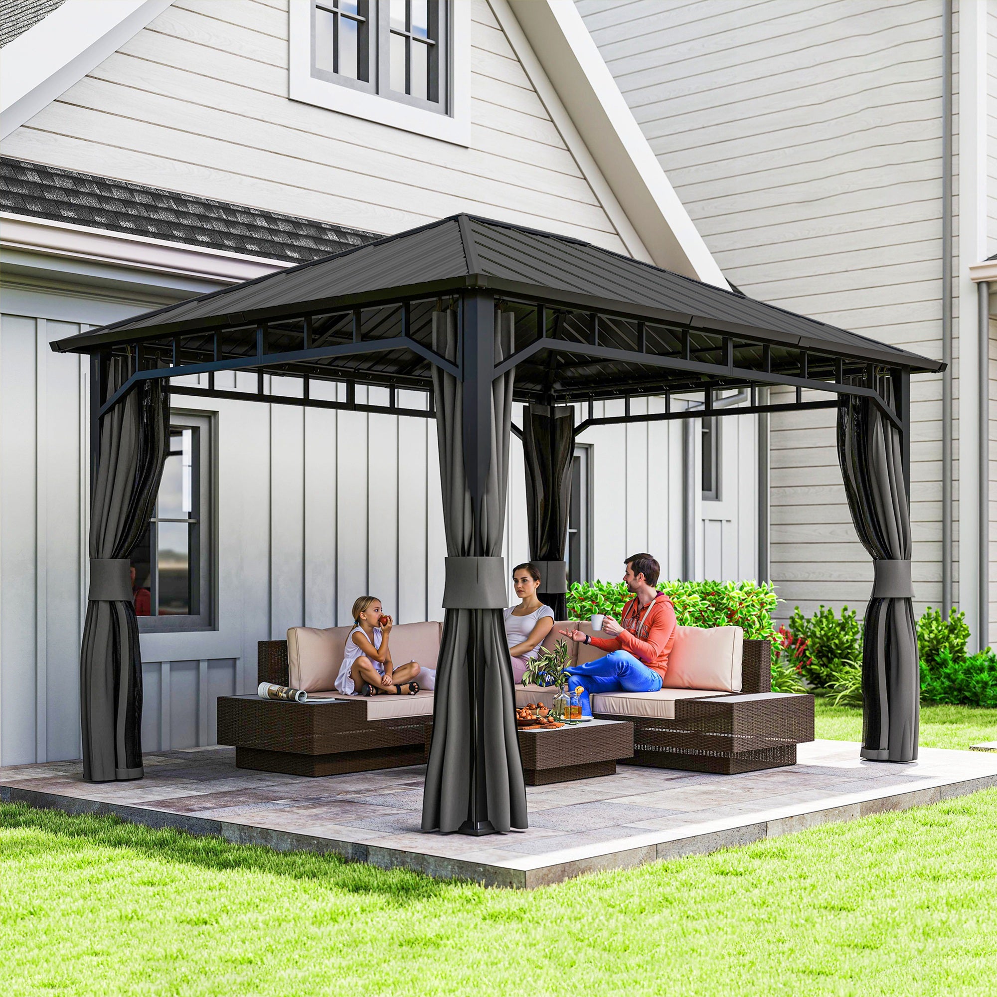 Pavilion 4x3 m Waterproof Stable Winterproof Garden Pavilion with Side Panels, Water Channels, Mosquito Net, Hooks Garden Pavilion made of galvanized metal, Party tent for garden, terrace, Dark Gray