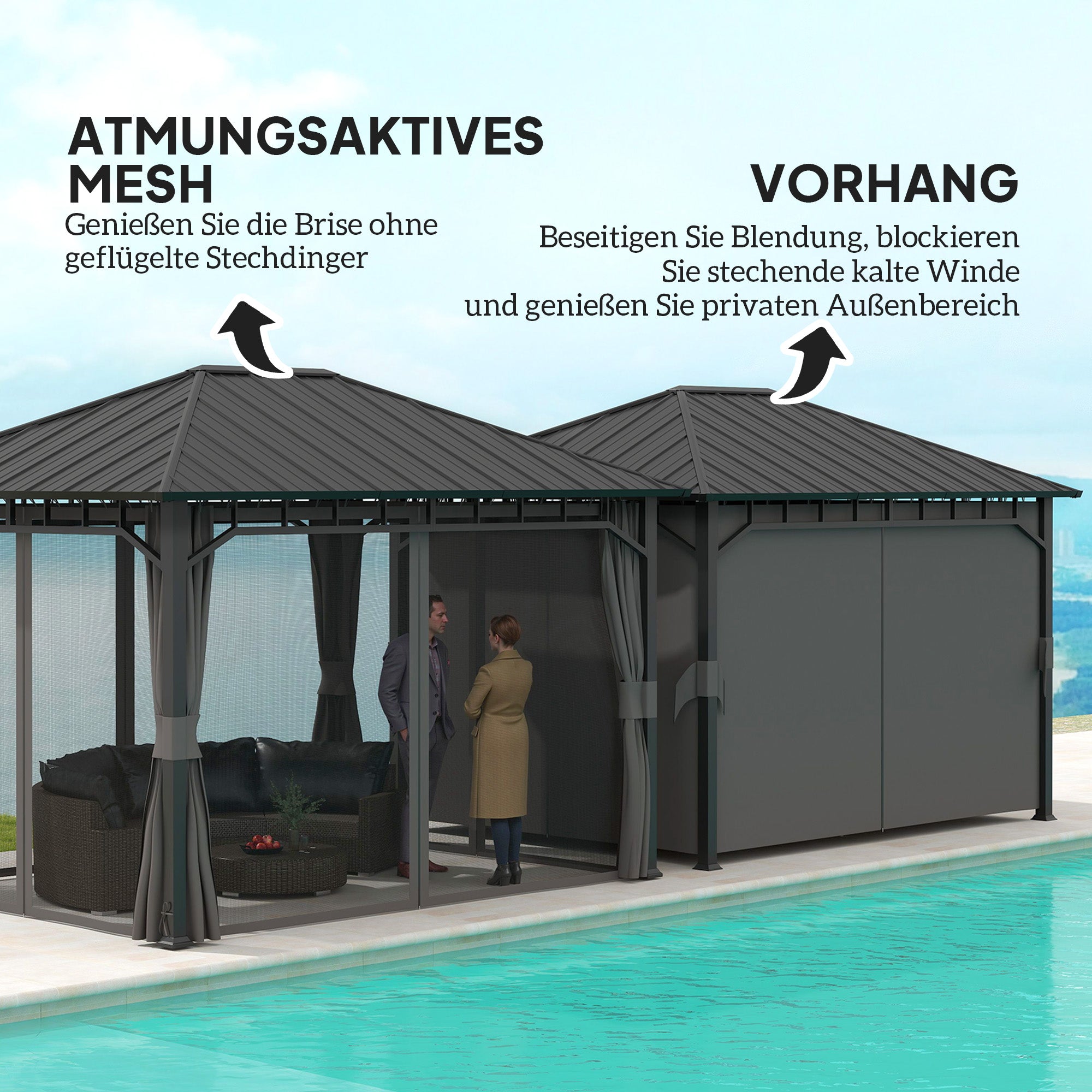 Pavilion 4x3 m Waterproof Stable Winterproof Garden Pavilion with Side Panels, Water Channels, Mosquito Net, Hooks Garden Pavilion made of galvanized metal, Party tent for garden, terrace, Dark Gray