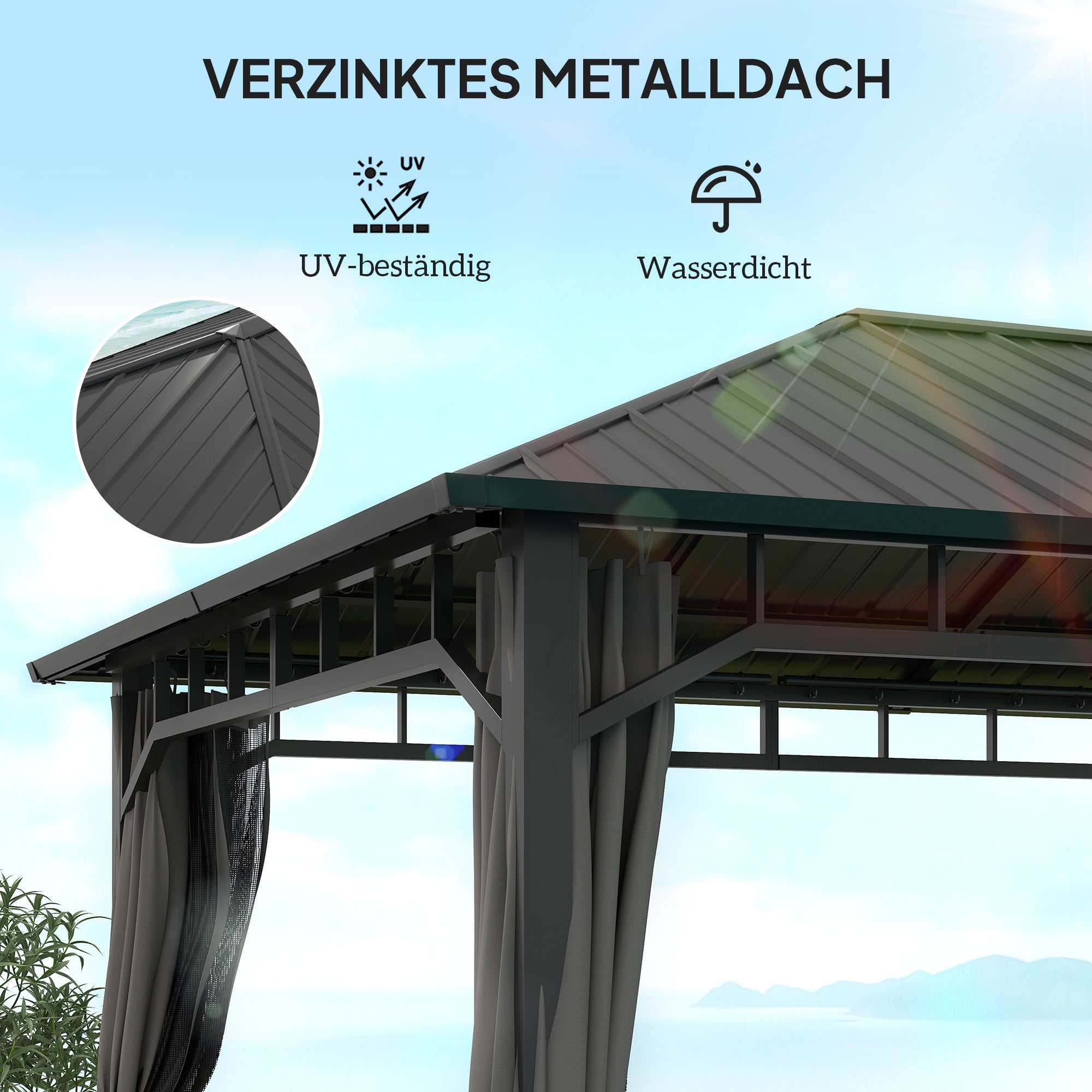 Pavilion 4x3 m Waterproof Stable Winterproof Garden Pavilion with Side Panels, Water Channels, Mosquito Net, Hooks Garden Pavilion made of galvanized metal, Party tent for garden, terrace, Dark Gray