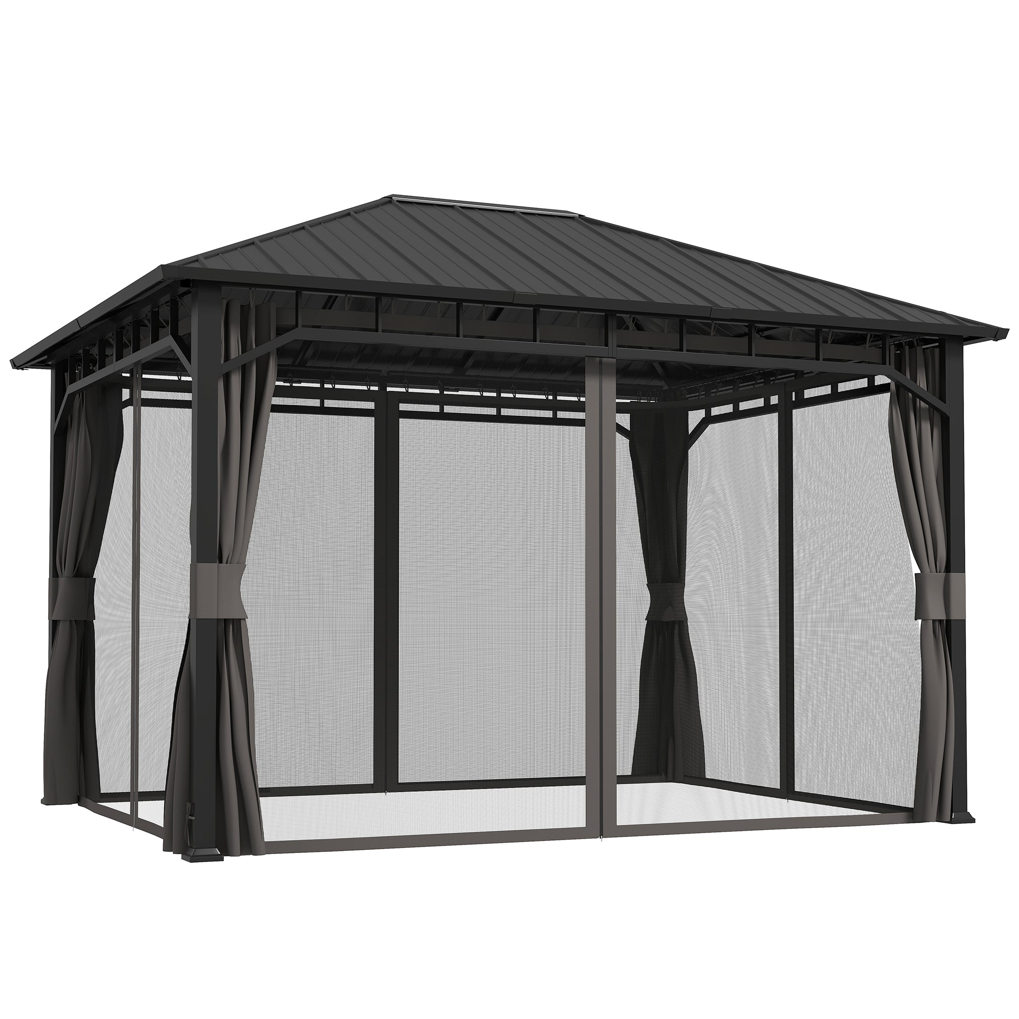 Pavilion 4x3 m Waterproof Stable Winterproof Garden Pavilion with Side Panels, Water Channels, Mosquito Net, Hooks Garden Pavilion made of galvanized metal, Party tent for garden, terrace, Dark Gray