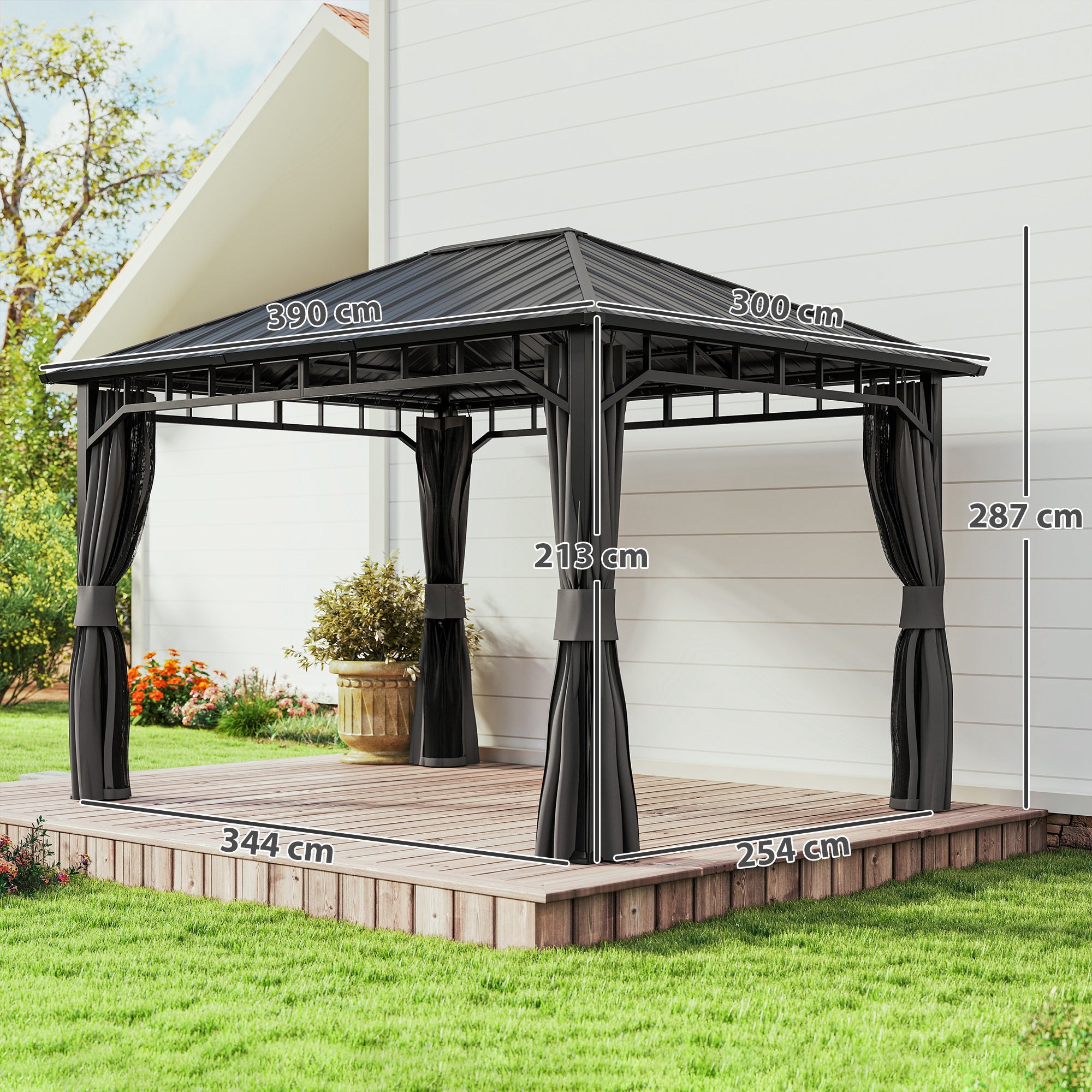 Pavilion 4x3 m Waterproof Stable Winterproof Garden Pavilion with Side Panels, Water Channels, Mosquito Net, Hooks Garden Pavilion made of galvanized metal, Party tent for garden, terrace, Dark Gray