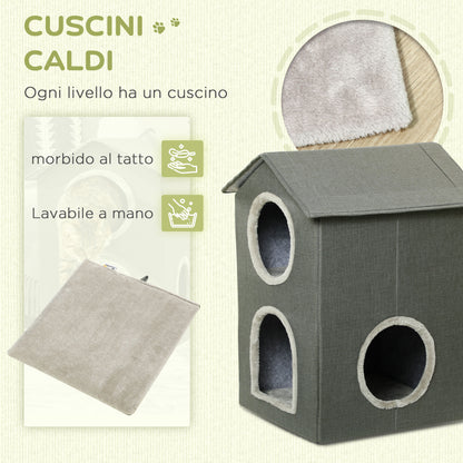 Two-Level Cat House with Washable Cushions 3 Entries, 42x46x59.5 cm, Grey