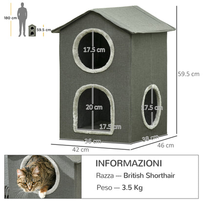 Two-Level Cat House with Washable Cushions 3 Entries, 42x46x59.5 cm, Grey