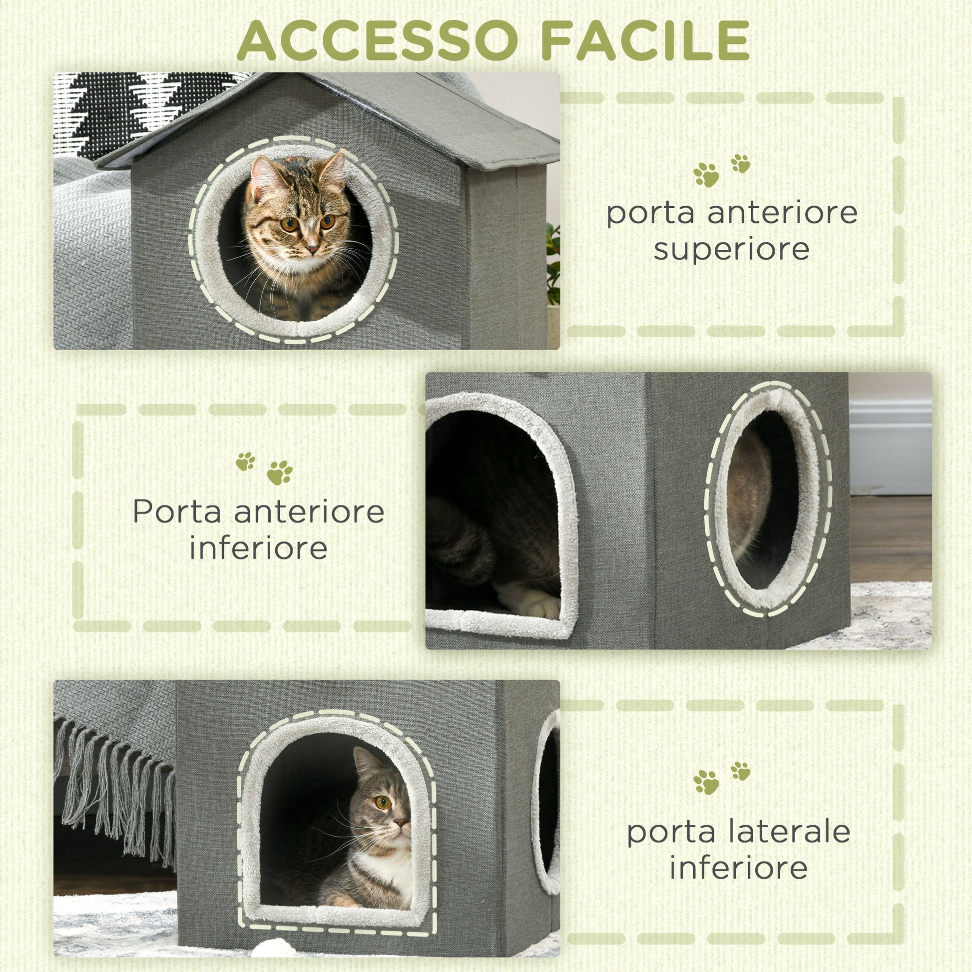 Two-Level Cat House with Washable Cushions 3 Entries, 42x46x59.5 cm, Grey