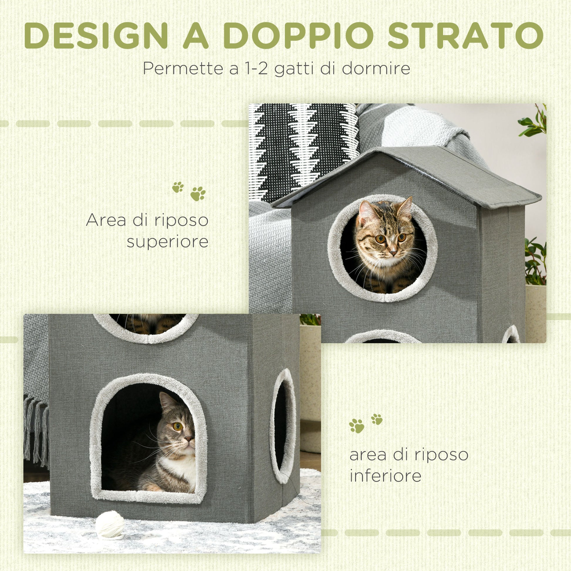 Two-Level Cat House with Washable Cushions 3 Entries, 42x46x59.5 cm, Grey