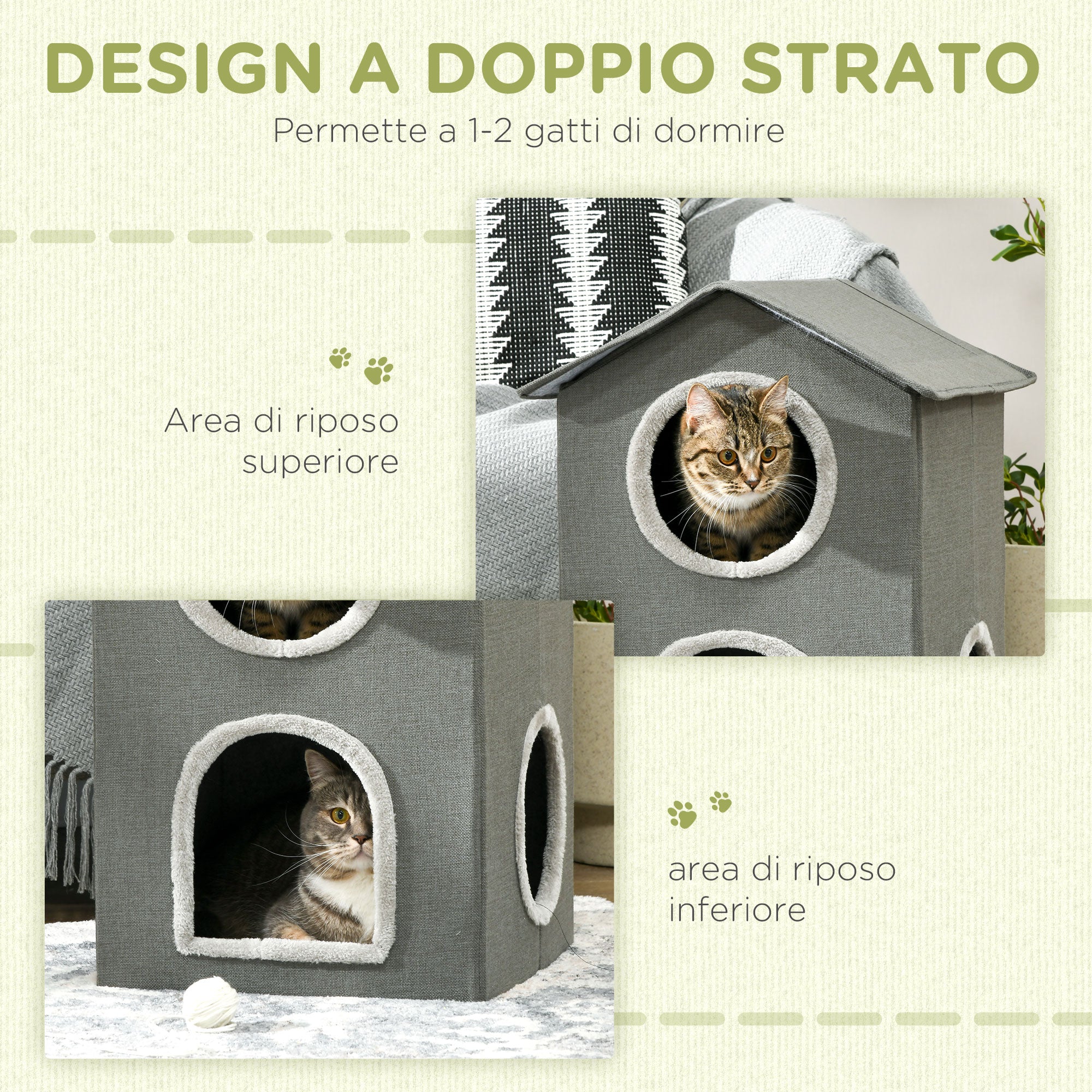 Two-Level Cat House with Washable Cushions 3 Entries, 42x46x59.5 cm, Grey