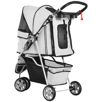 Dog Buggy Foldable Pet Stroller for Dogs & Cats Cat Stroller with Cushion Mesh Windows Cup Holder Storage Bag Cat Wagon Gray