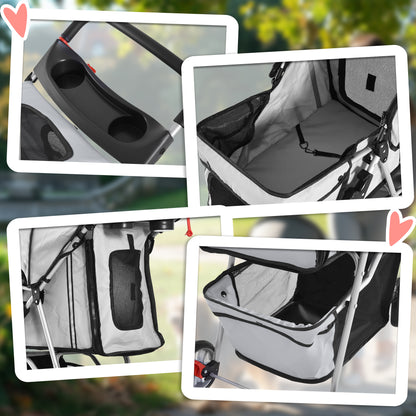 Dog Buggy Foldable Pet Stroller for Dogs & Cats Cat Stroller with Cushion Mesh Windows Cup Holder Storage Bag Cat Wagon Gray