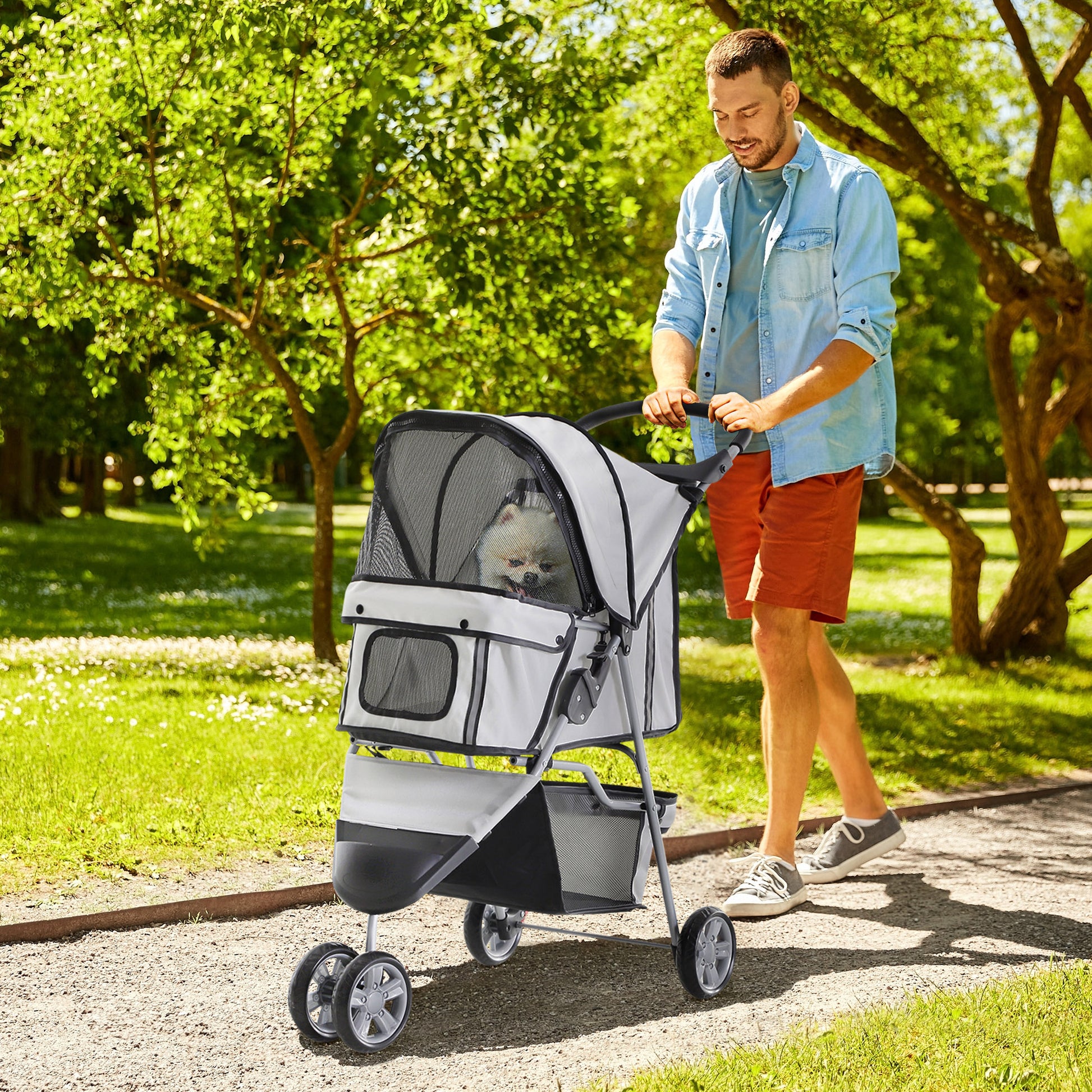 Dog Buggy Foldable Pet Stroller for Dogs & Cats Cat Stroller with Cushion Mesh Windows Cup Holder Storage Bag Cat Wagon Gray