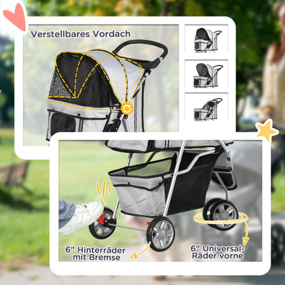 Dog Buggy Foldable Pet Stroller for Dogs & Cats Cat Stroller with Cushion Mesh Windows Cup Holder Storage Bag Cat Wagon Gray