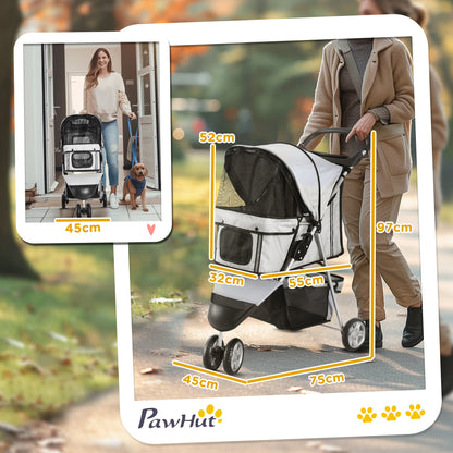 Dog Buggy Foldable Pet Stroller for Dogs & Cats Cat Stroller with Cushion Mesh Windows Cup Holder Storage Bag Cat Wagon Gray