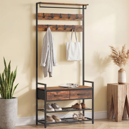 5-in-1 Hall Tree with Shoe Bench & Organizer, Industrial Steel Frame, Rustic Brown