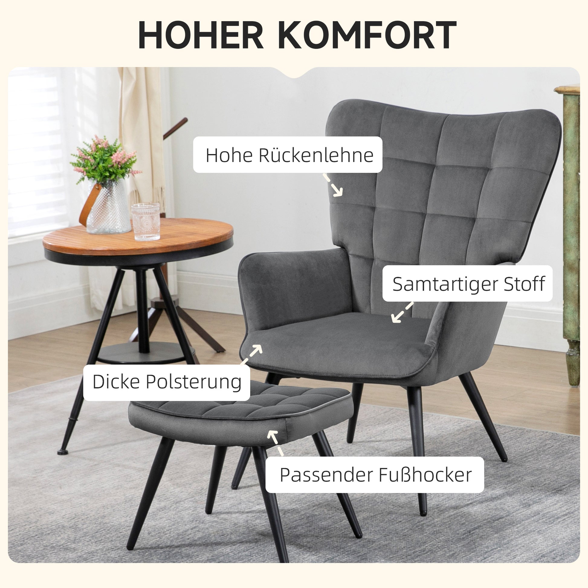 Wingback Chair with Footstool Armchair Lounge Chair with Velvet Look, Modern Recliner, TV Chair, Upholstered Chair for Living Room, Bedroom, Dark Gray