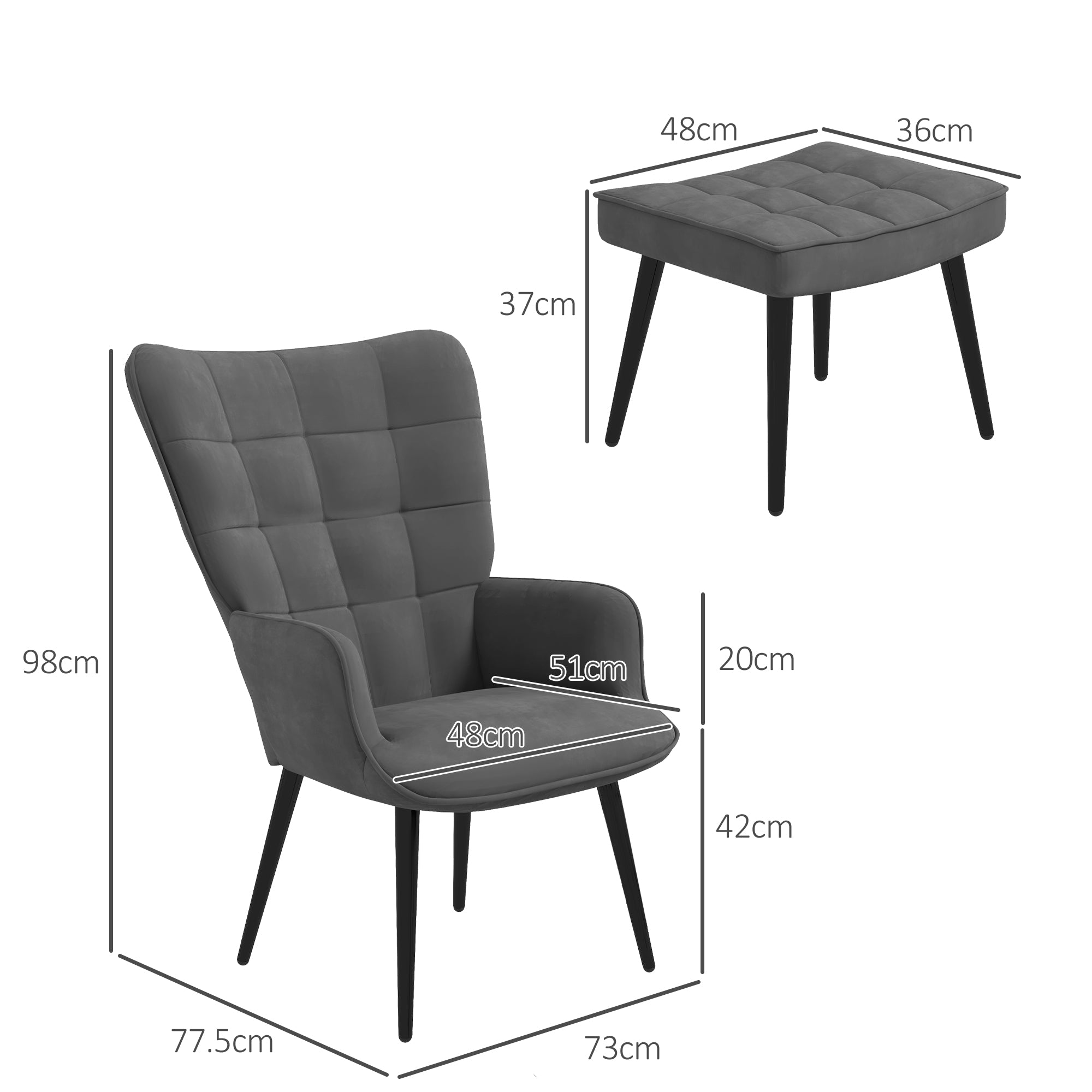 Wingback Chair with Footstool Armchair Lounge Chair with Velvet Look, Modern Recliner, TV Chair, Upholstered Chair for Living Room, Bedroom, Dark Gray