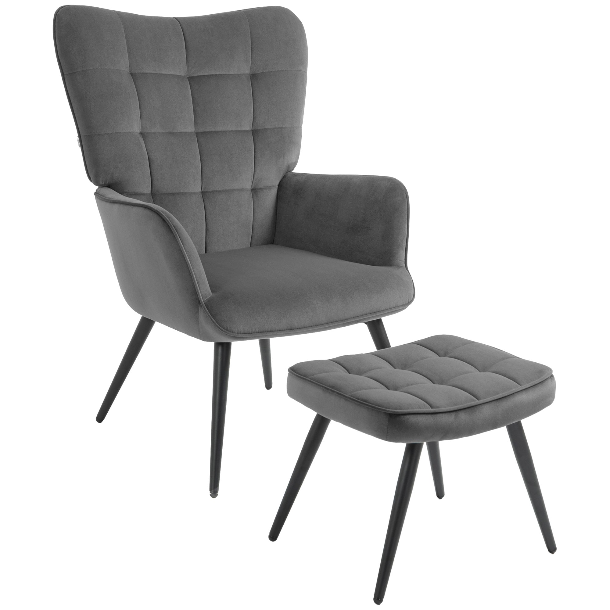 Wingback Chair with Footstool Armchair Lounge Chair with Velvet Look, Modern Recliner, TV Chair, Upholstered Chair for Living Room, Bedroom, Dark Gray