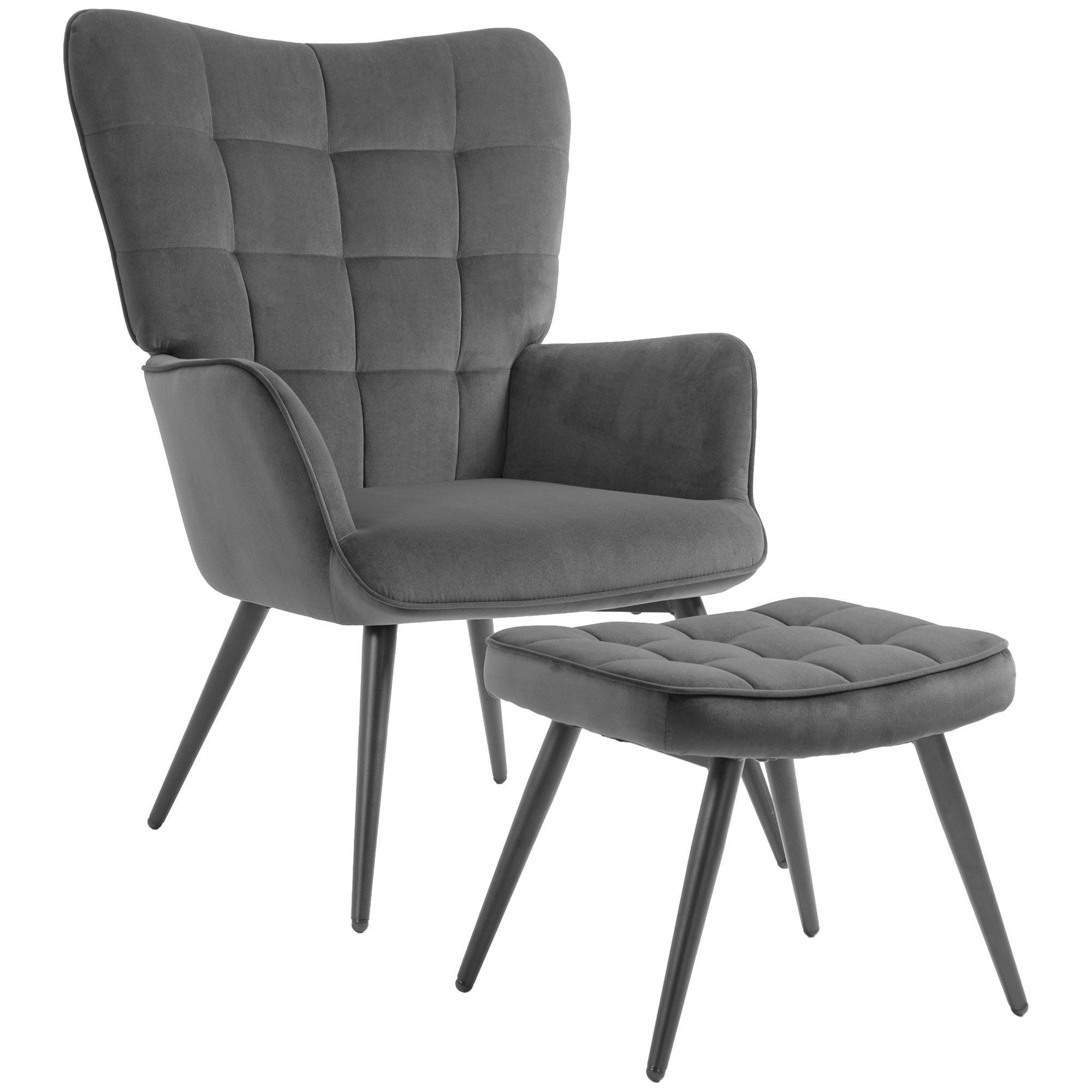 Wingback Chair with Footstool Armchair Lounge Chair with Velvet Look, Modern Recliner, TV Chair, Upholstered Chair for Living Room, Bedroom, Dark Gray