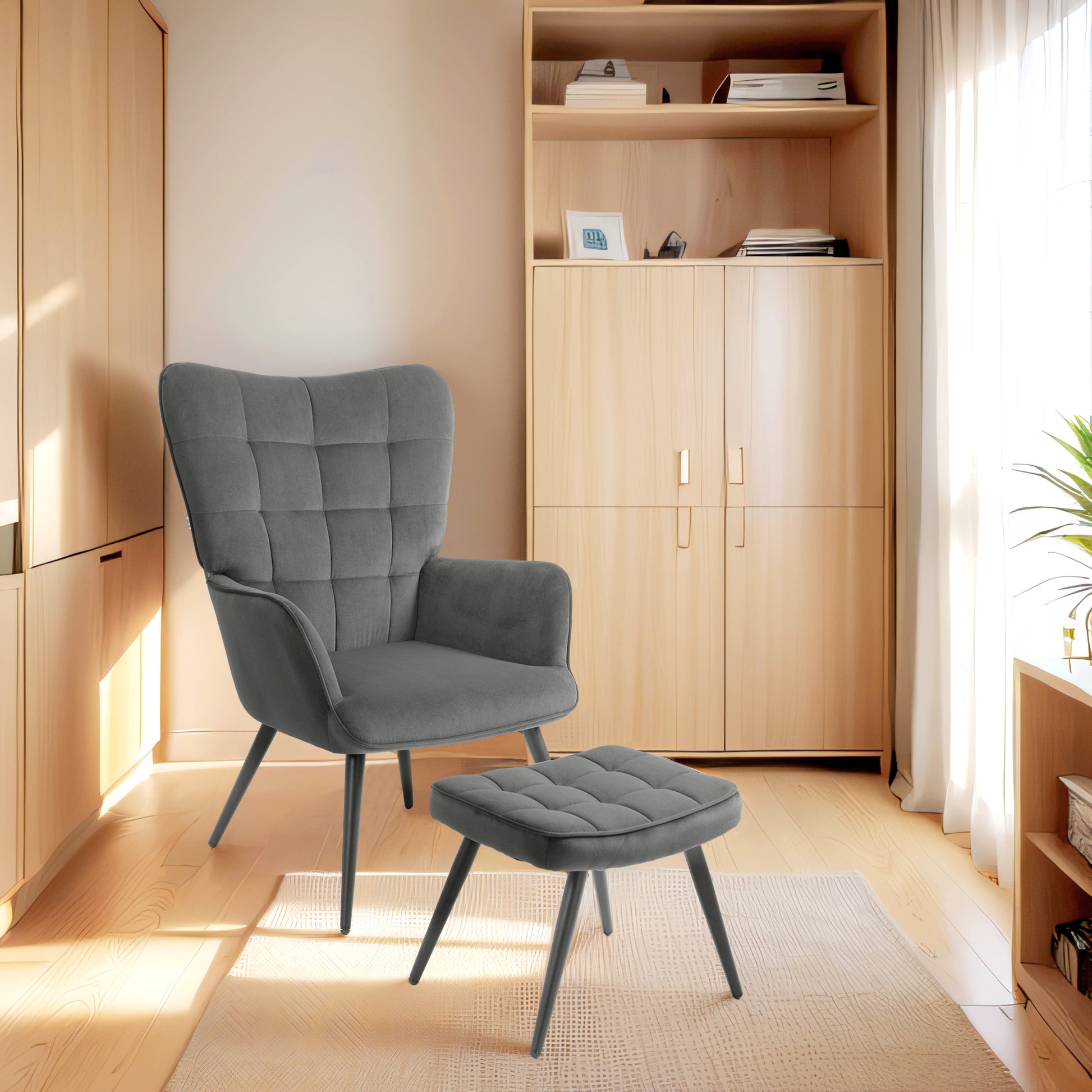 Wingback Chair with Footstool Armchair Lounge Chair with Velvet Look, Modern Recliner, TV Chair, Upholstered Chair for Living Room, Bedroom, Dark Gray