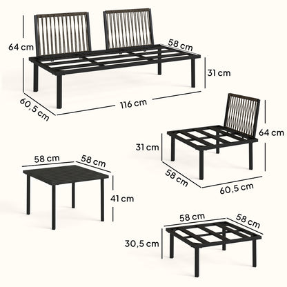6-Piece Outdoor Lounge Set for 5–6 People — 2-Seat Sofa, Corner Chair, 2 Armless Chairs, Ottoman & Slatted Metal Coffee Table — Thick Cushions, Light Gray