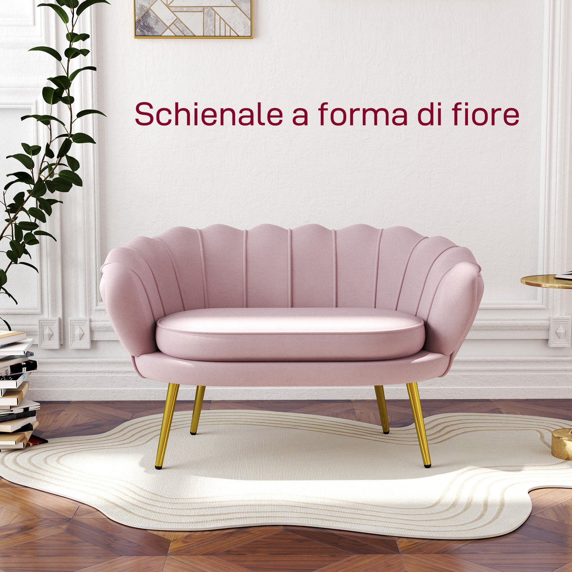 2-Seater Sofa in Velvet Effect Fabric, Small Vintage Sofa with Armrests, Modern, Padded Seat for Bedroom and Living Room, 130x77x77cm, Pink