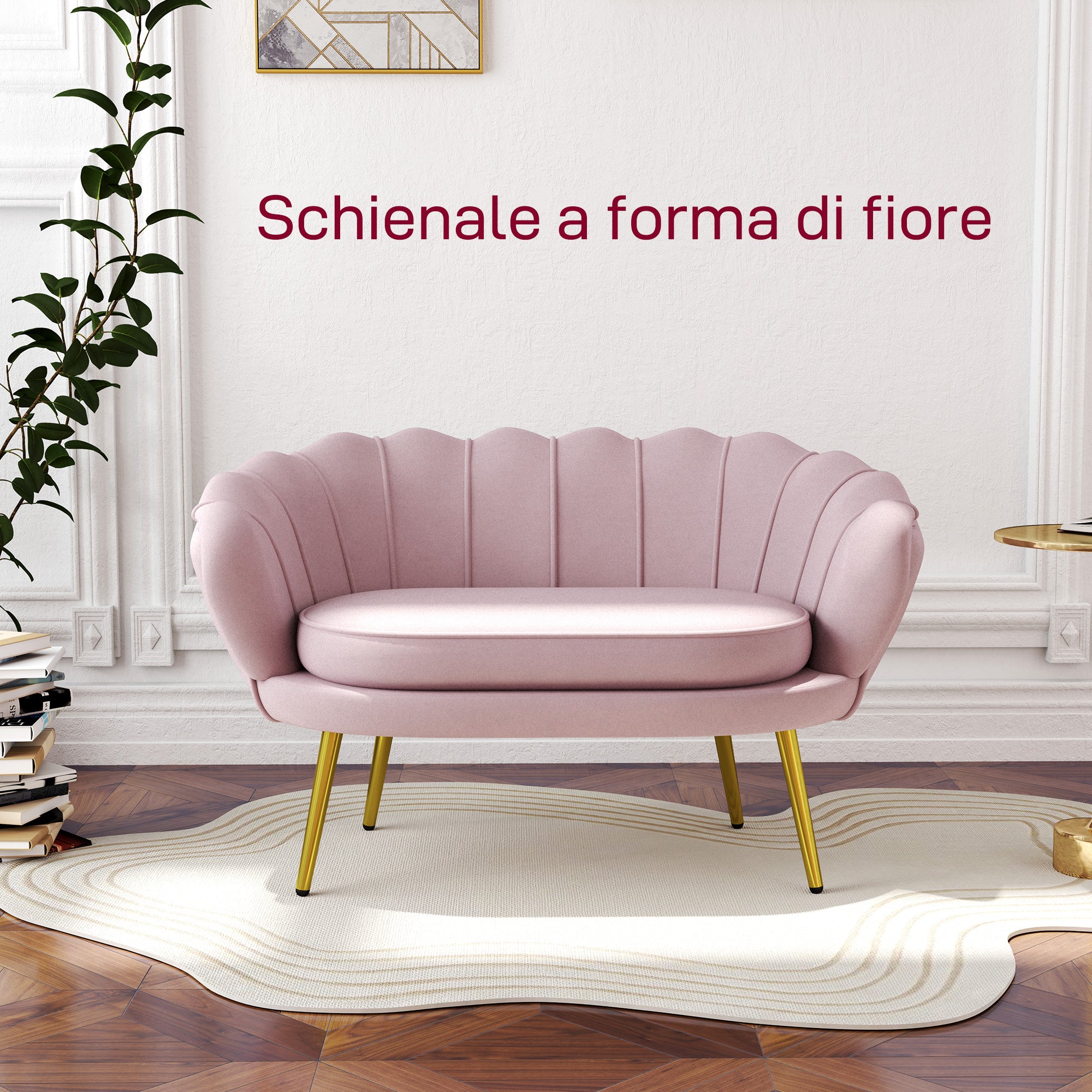 2-Seater Sofa in Velvet Effect Fabric, Small Vintage Sofa with Armrests, Modern, Padded Seat for Bedroom and Living Room, 130x77x77cm, Pink