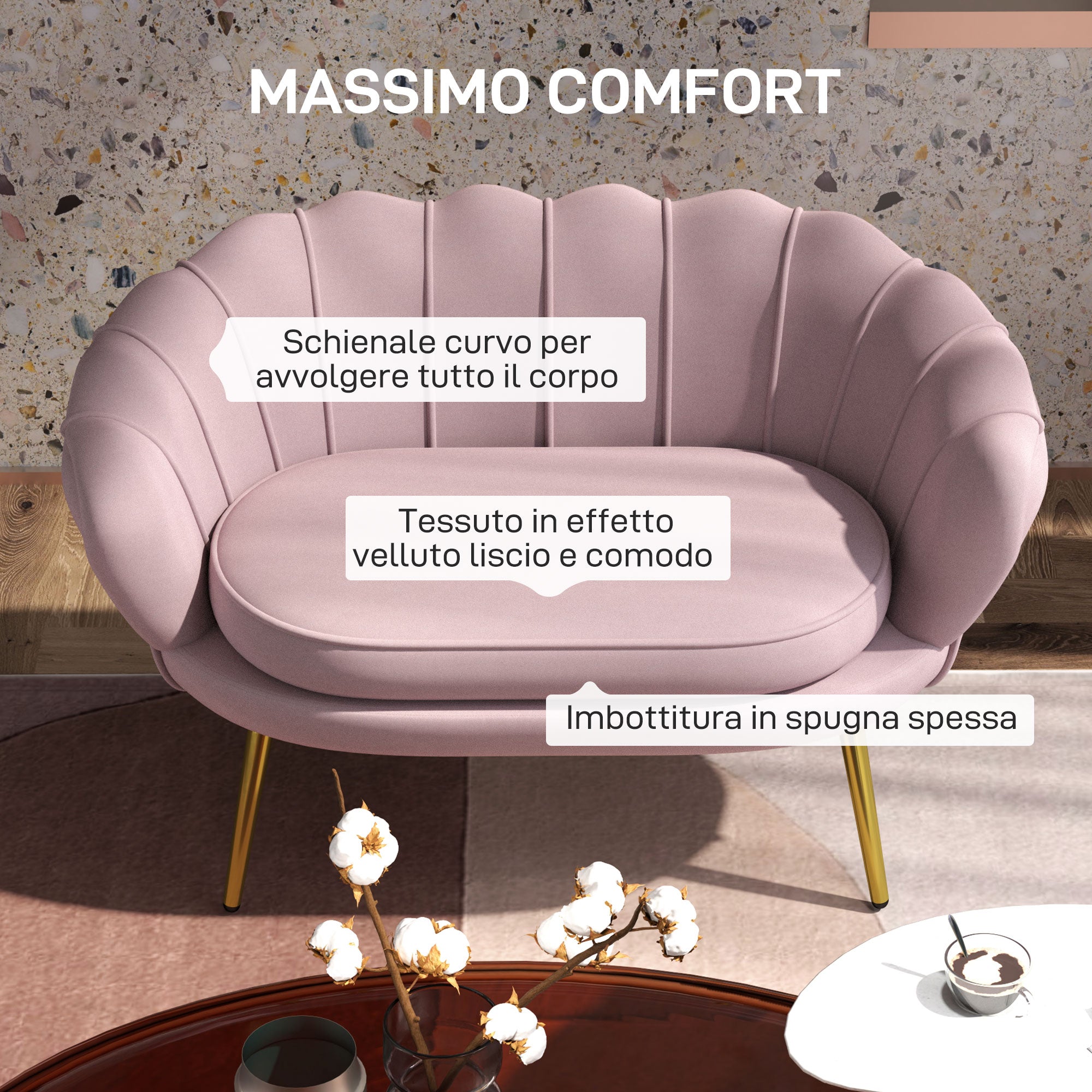 2-Seater Sofa in Velvet Effect Fabric, Small Vintage Sofa with Armrests, Modern, Padded Seat for Bedroom and Living Room, 130x77x77cm, Pink