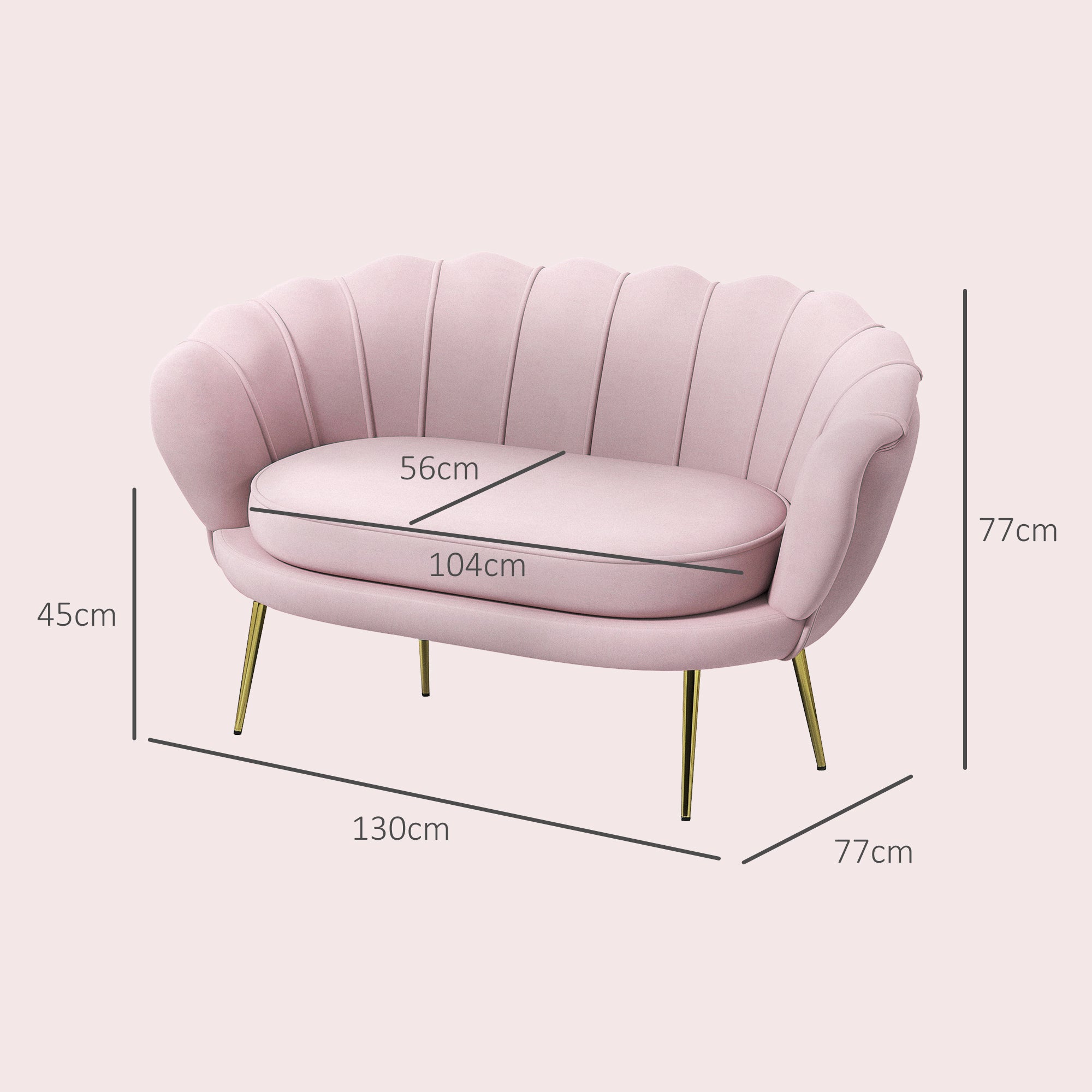 2-Seater Sofa in Velvet Effect Fabric, Small Vintage Sofa with Armrests, Modern, Padded Seat for Bedroom and Living Room, 130x77x77cm, Pink