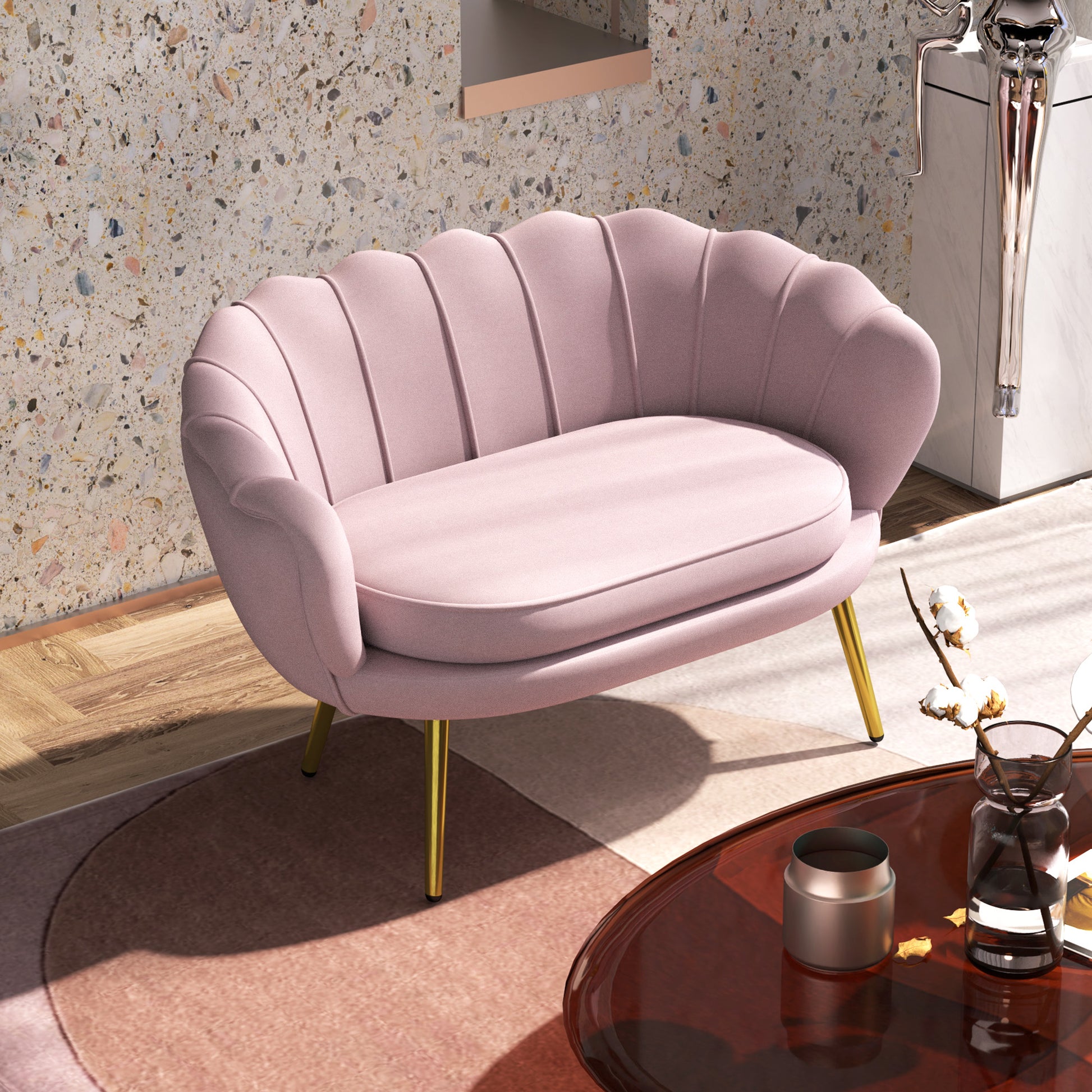 2-Seater Sofa in Velvet Effect Fabric, Small Vintage Sofa with Armrests, Modern, Padded Seat for Bedroom and Living Room, 130x77x77cm, Pink