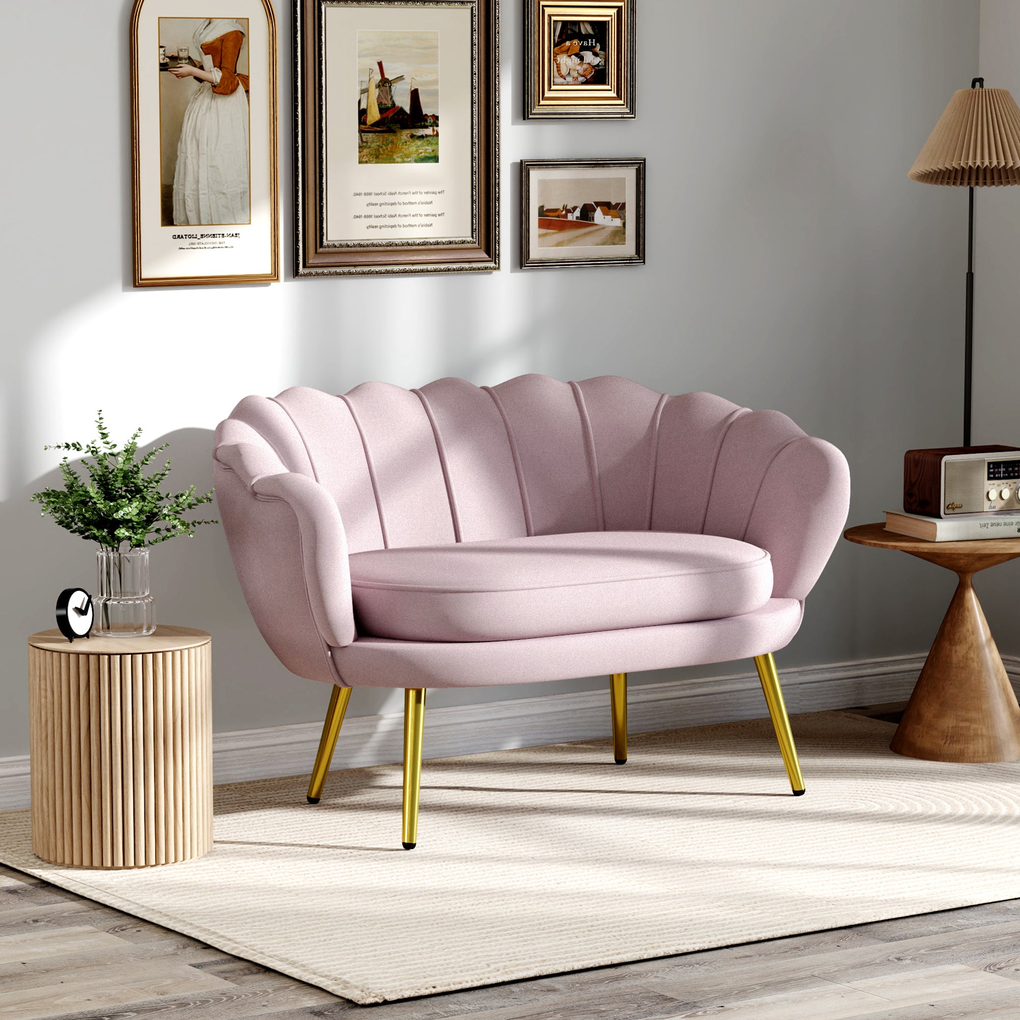2-Seater Sofa in Velvet Effect Fabric, Small Vintage Sofa with Armrests, Modern, Padded Seat for Bedroom and Living Room, 130x77x77cm, Pink