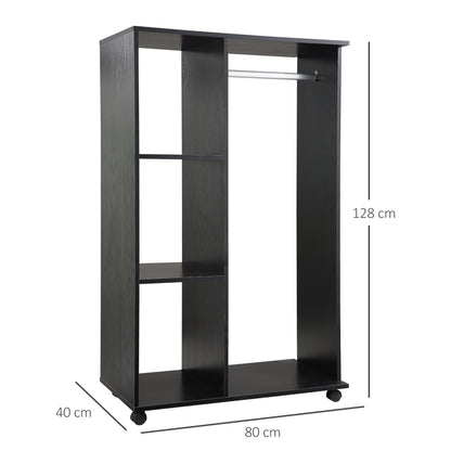 Wardrobe with Wheels Open Design Wardrobe for Clothes with Hanging Bar Shelves Organizer for Bedroom Clothing 80x40x128 cm Black