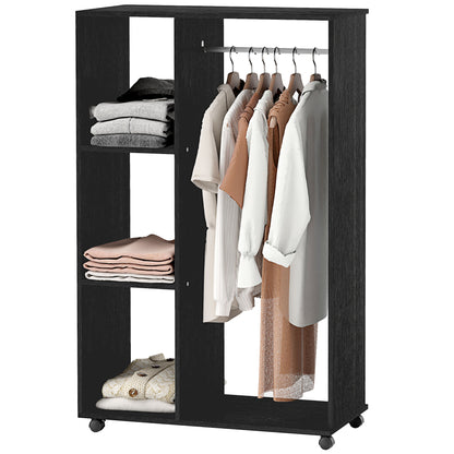 Wardrobe with Wheels Open Design Wardrobe for Clothes with Hanging Bar Shelves Organizer for Bedroom Clothing 80x40x128 cm Black