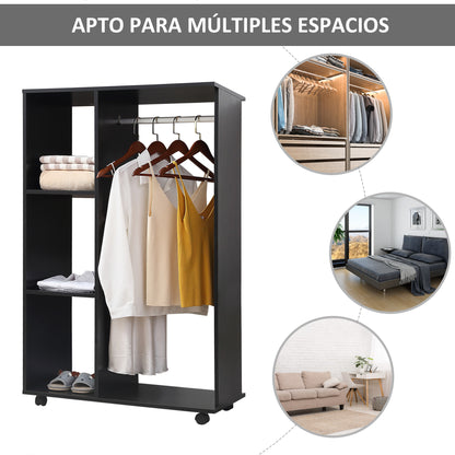 Wardrobe with Wheels Open Design Wardrobe for Clothes with Hanging Bar Shelves Organizer for Bedroom Clothing 80x40x128 cm Black