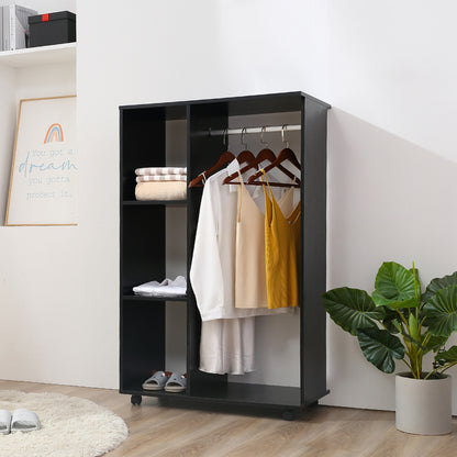 Wardrobe with Wheels Open Design Wardrobe for Clothes with Hanging Bar Shelves Organizer for Bedroom Clothing 80x40x128 cm Black