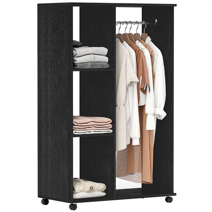 Wardrobe with Wheels Open Design Wardrobe for Clothes with Hanging Bar Shelves Organizer for Bedroom Clothing 80x40x128 cm Black