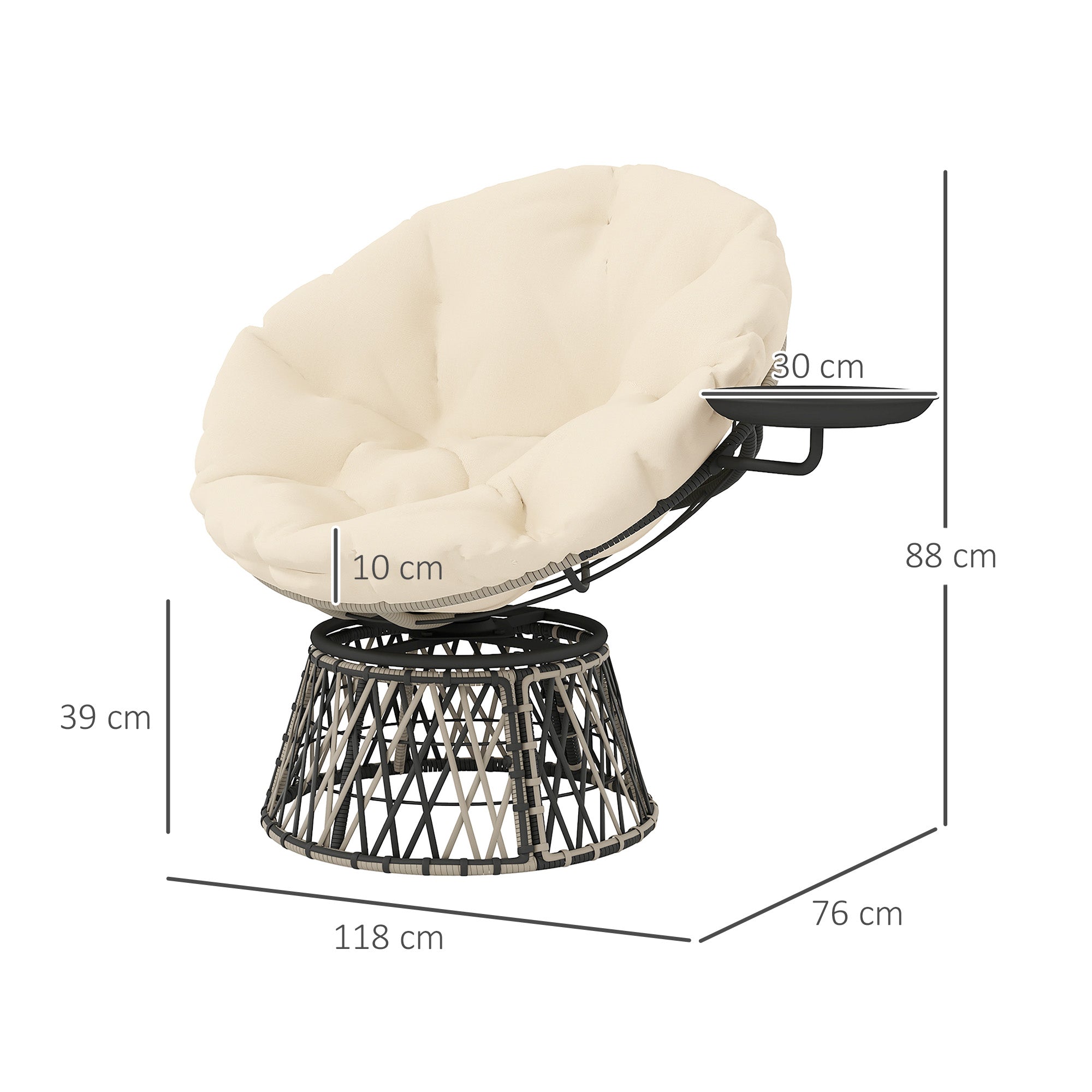 Papasan Chair Rattan 360° Swivel Basket Chair with Cushion Diameter 90 cm Round Outdoor Rattan Chair Swivel Lounge Chair Reclining Chair for Living Room Garden Balcony Beige