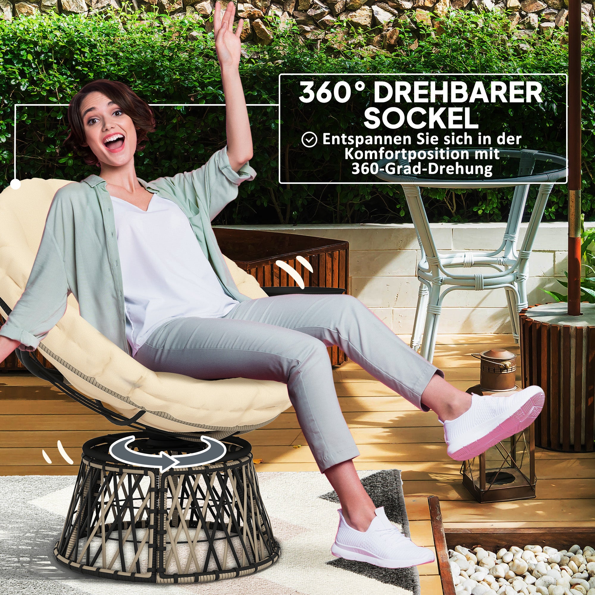 Papasan Chair Rattan 360° Swivel Basket Chair with Cushion Diameter 90 cm Round Outdoor Rattan Chair Swivel Lounge Chair Reclining Chair for Living Room Garden Balcony Beige