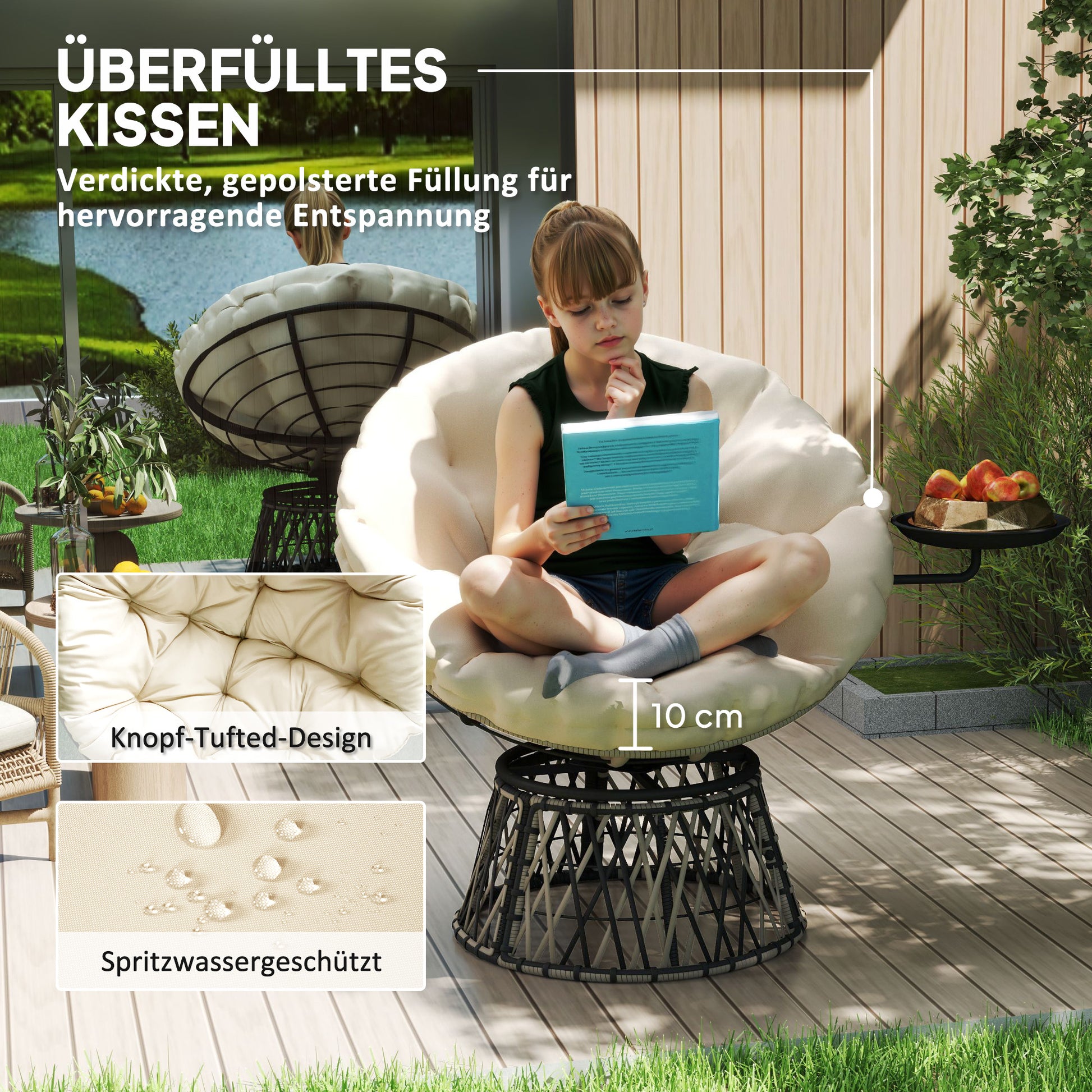 Papasan Chair Rattan 360° Swivel Basket Chair with Cushion Diameter 90 cm Round Outdoor Rattan Chair Swivel Lounge Chair Reclining Chair for Living Room Garden Balcony Beige