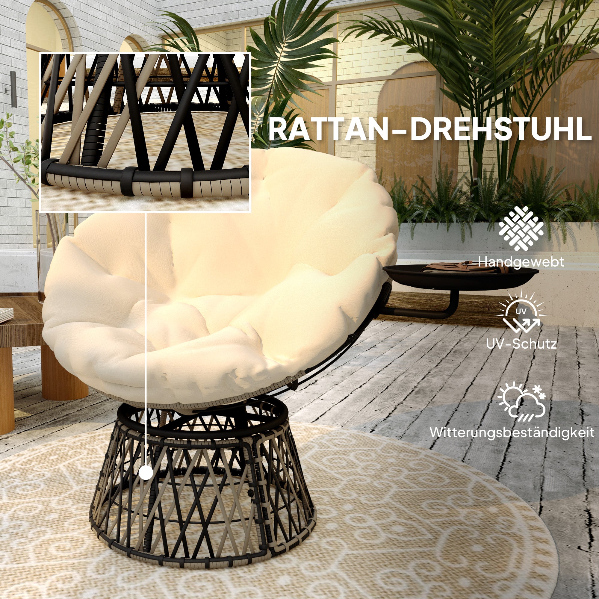 Papasan Chair Rattan 360° Swivel Basket Chair with Cushion Diameter 90 cm Round Outdoor Rattan Chair Swivel Lounge Chair Reclining Chair for Living Room Garden Balcony Beige
