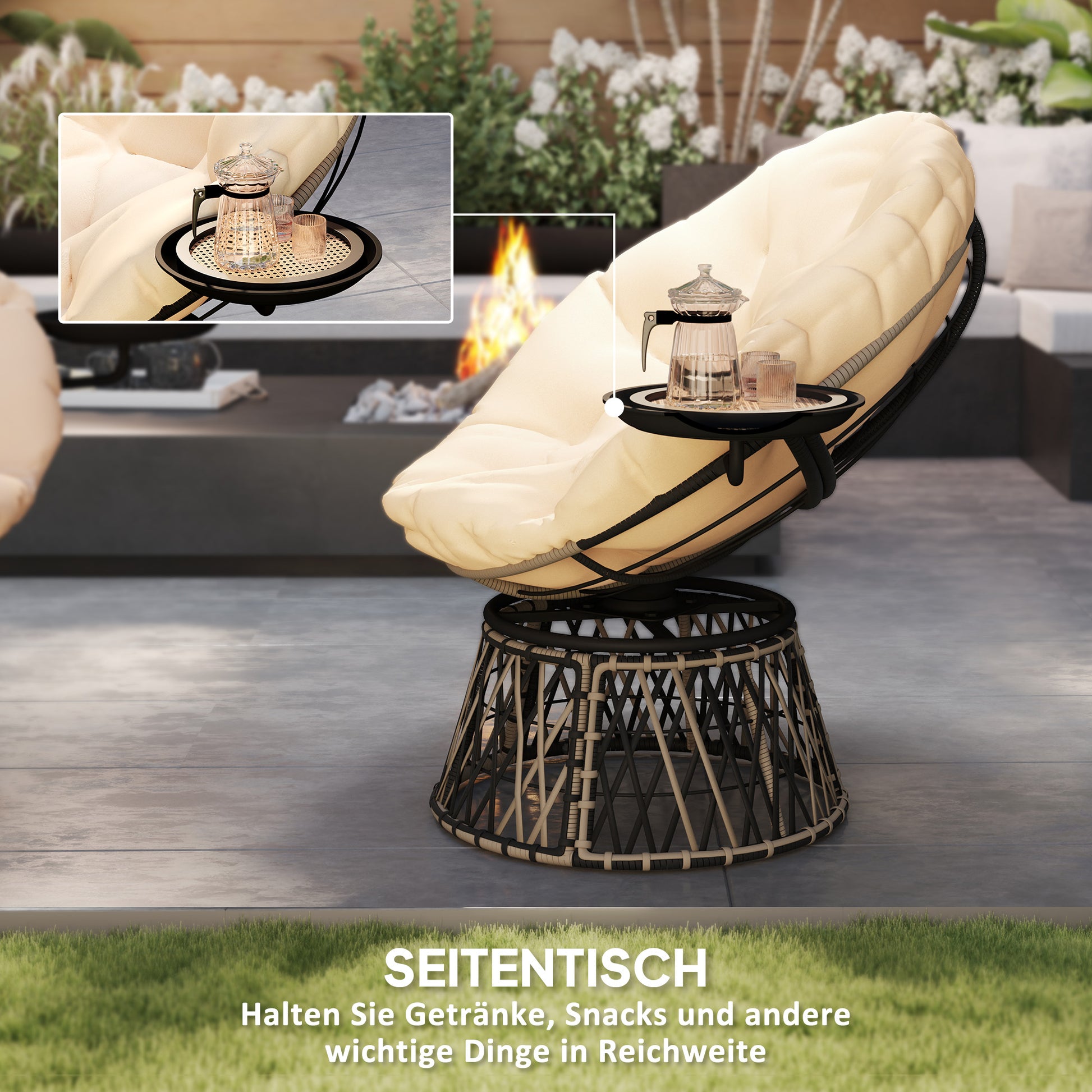 Papasan Chair Rattan 360° Swivel Basket Chair with Cushion Diameter 90 cm Round Outdoor Rattan Chair Swivel Lounge Chair Reclining Chair for Living Room Garden Balcony Beige