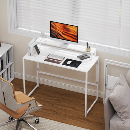 Folding Computer Desk with Monitor Riser, Steel Frame, 39.4 x 18.9 x 34.4 in (100 x 48 x 87.5 cm), White
