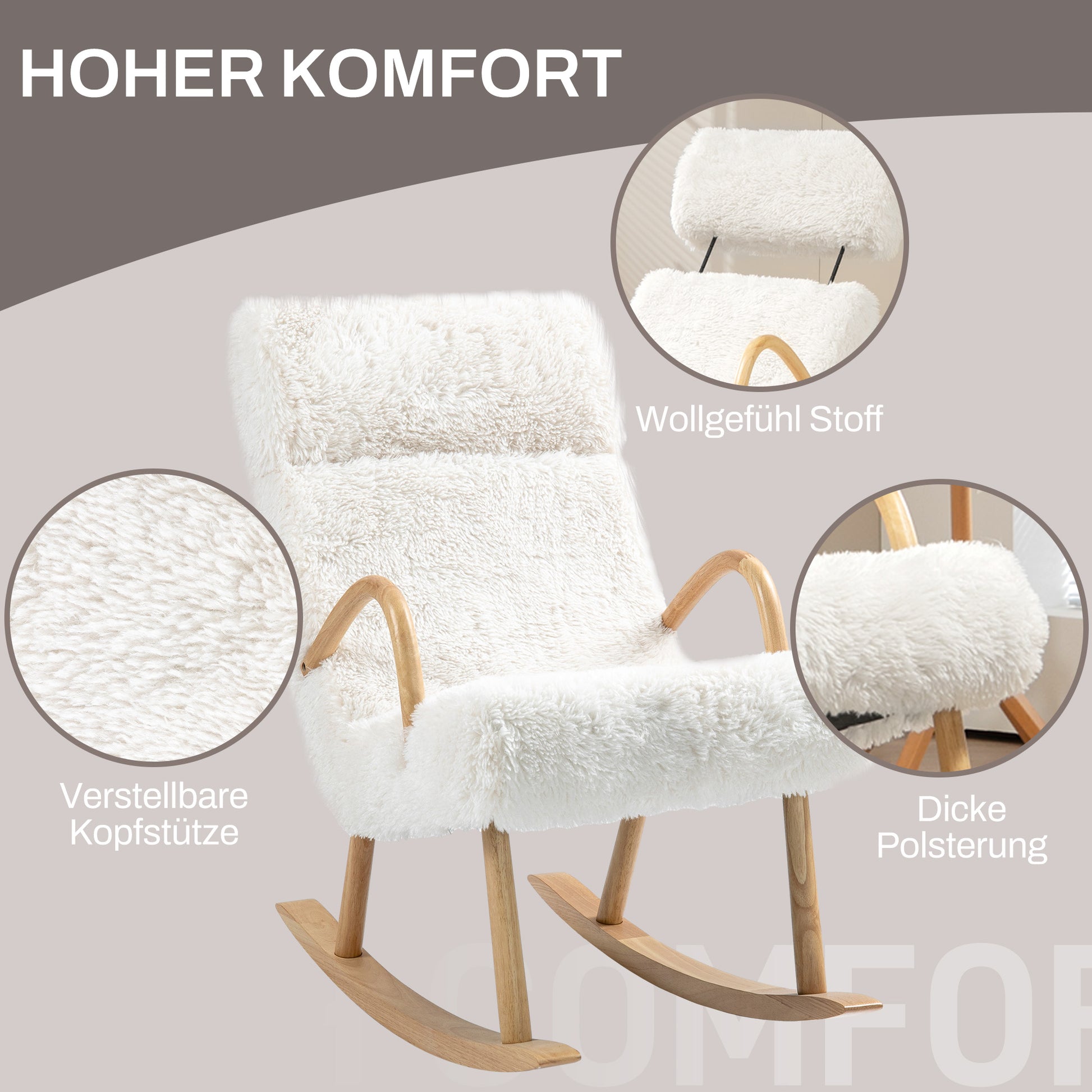 Rocking Chair Rocking Chair Armchair, Nursing Chair with Wool Optic, Rocking Chair up to 120 kg Load Capacity for Bedroom, Living Room, White