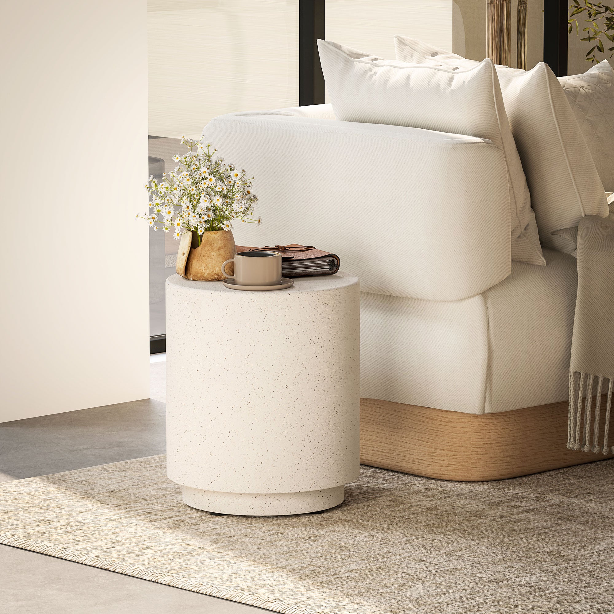 Side Table Living Room Table with Stone Look, Coffee Table, End Table, Coffee Table for Living Room, Garden Ø37 x 43 cm, Cream White