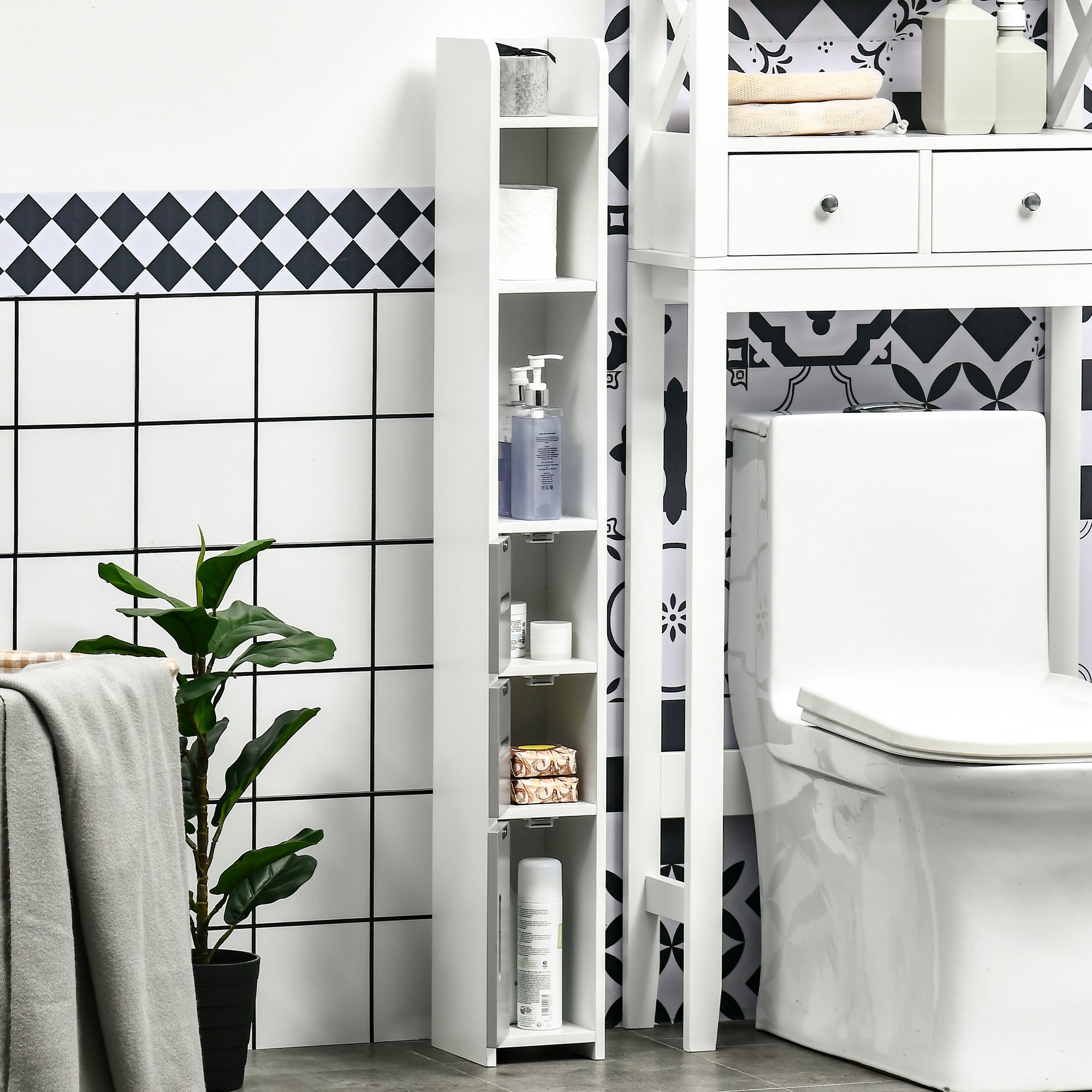 Bathroom Column Cabinet with 3 Doors 3 Open Shelves and Anti-tip System Modern Style Bathroom Cabinet 15x17x120 cm Grey