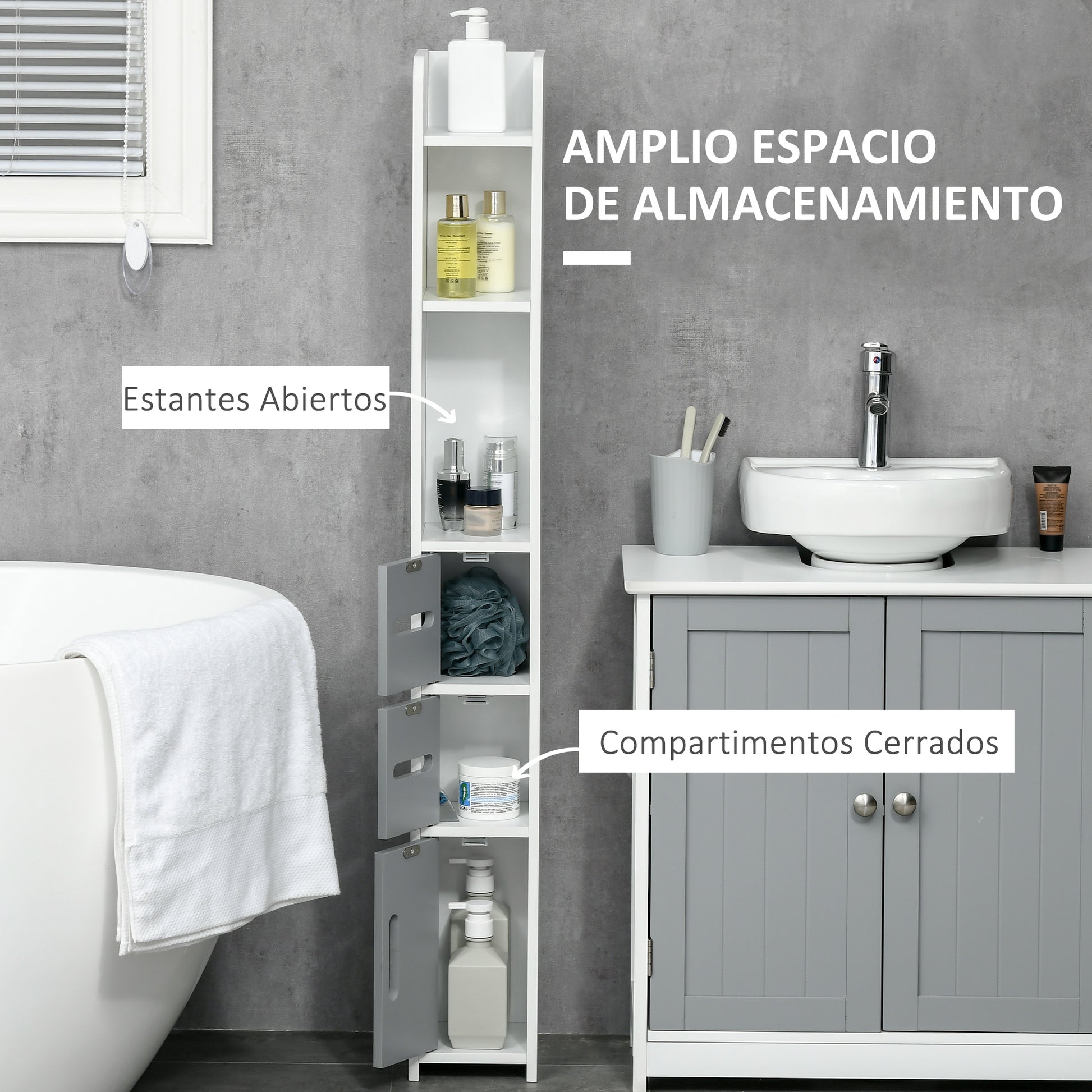Bathroom Column Cabinet with 3 Doors 3 Open Shelves and Anti-tip System Modern Style Bathroom Cabinet 15x17x120 cm Grey