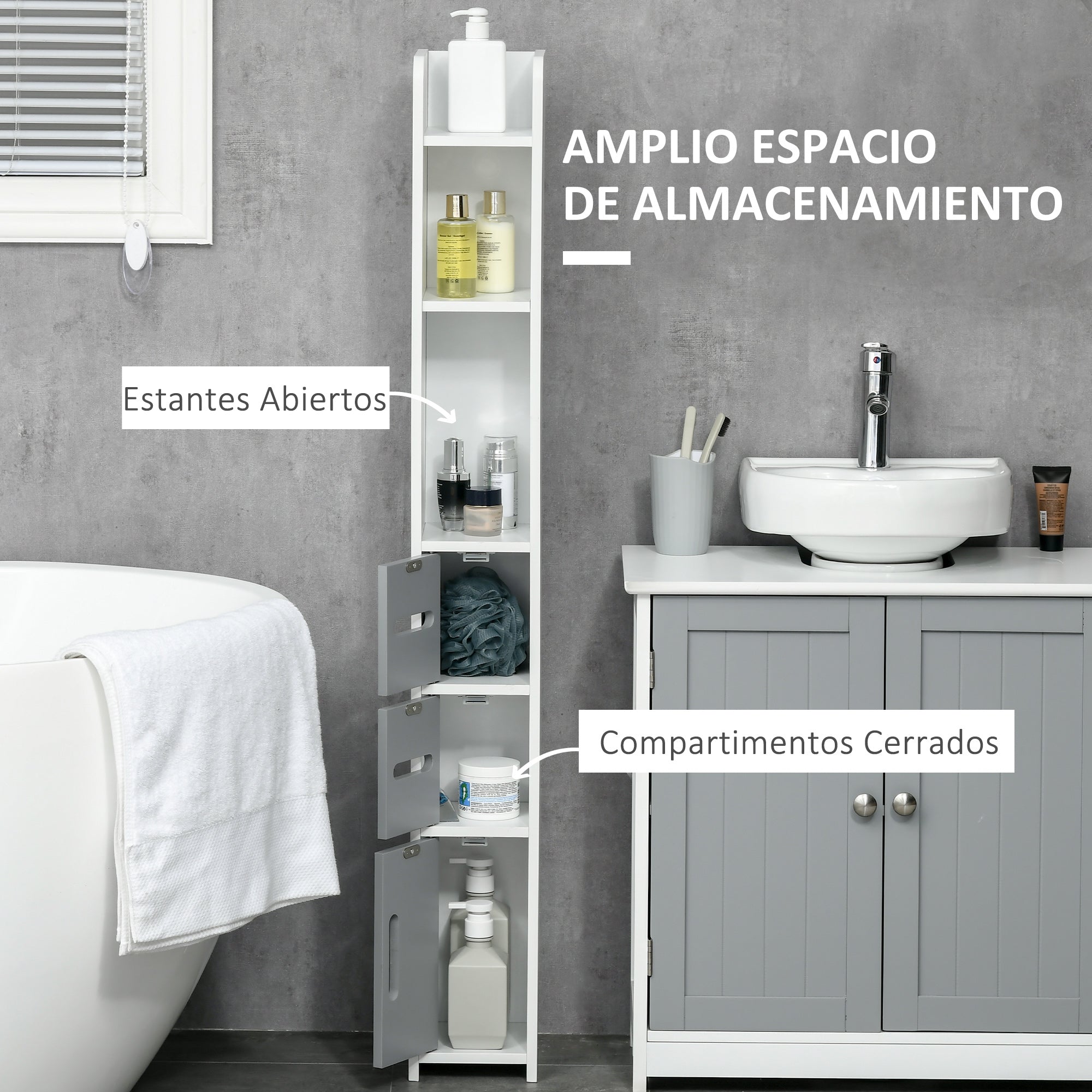 Bathroom Column Cabinet with 3 Doors 3 Open Shelves and Anti-tip System Modern Style Bathroom Cabinet 15x17x120 cm Grey