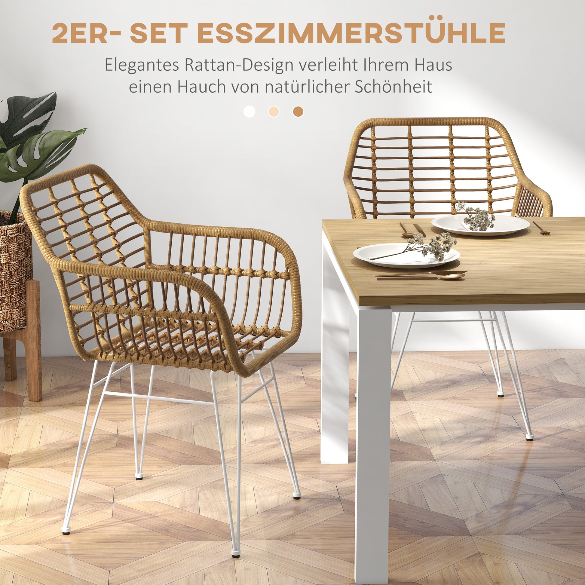 Dining Chairs Set of 2 Kitchen Chair with Backrest, Synthetic Rattan Look, Armchair with Foot Cushion, Living Room Chair, Chairs with Steel Legs for Dining Table, Light Brown+White