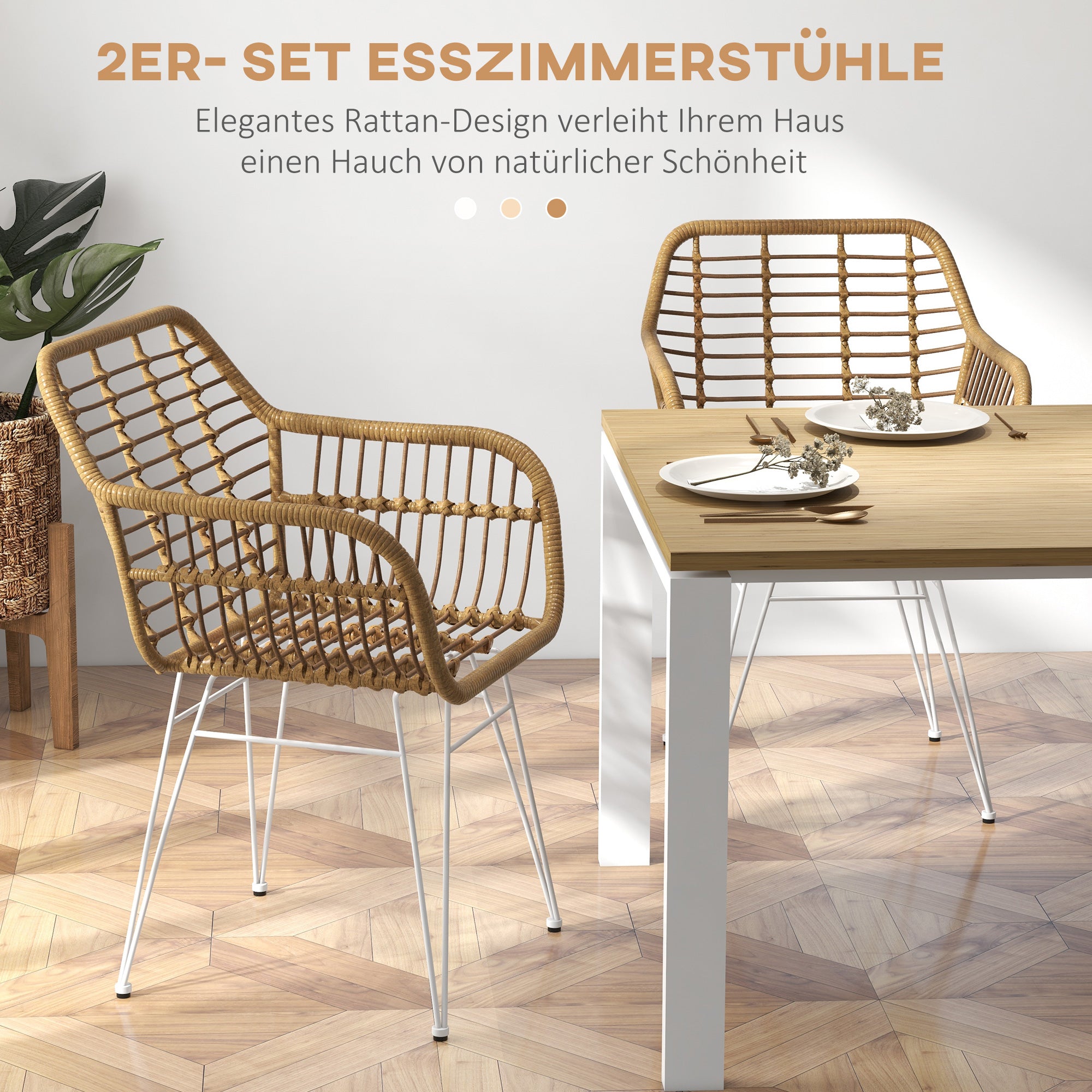 Dining Chairs Set of 2 Kitchen Chair with Backrest, Synthetic Rattan Look, Armchair with Foot Cushion, Living Room Chair, Chairs with Steel Legs for Dining Table, Light Brown+White